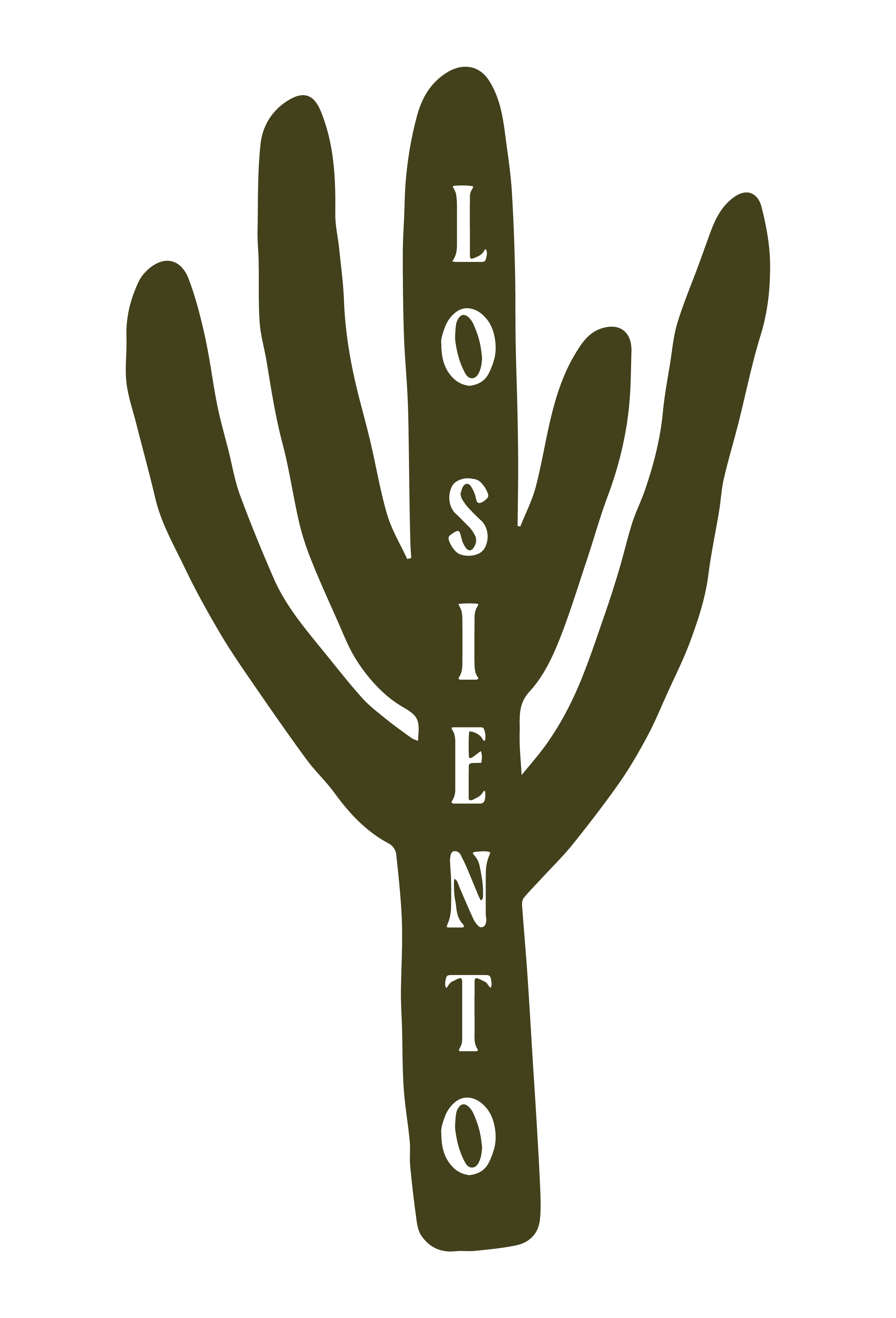 A dark green cactus silhouette with the word "L O S I E N T O" written vertically down the center.