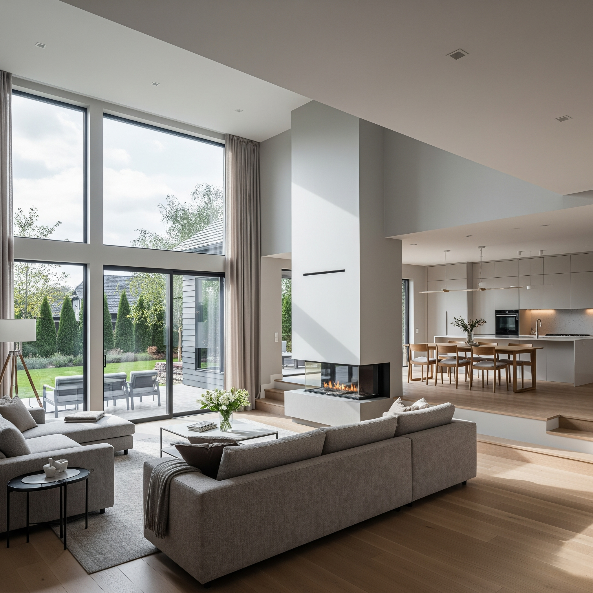 Open concept modern family room and kitchen with fireplace, tall windows, and wood floors in an Aurora home.