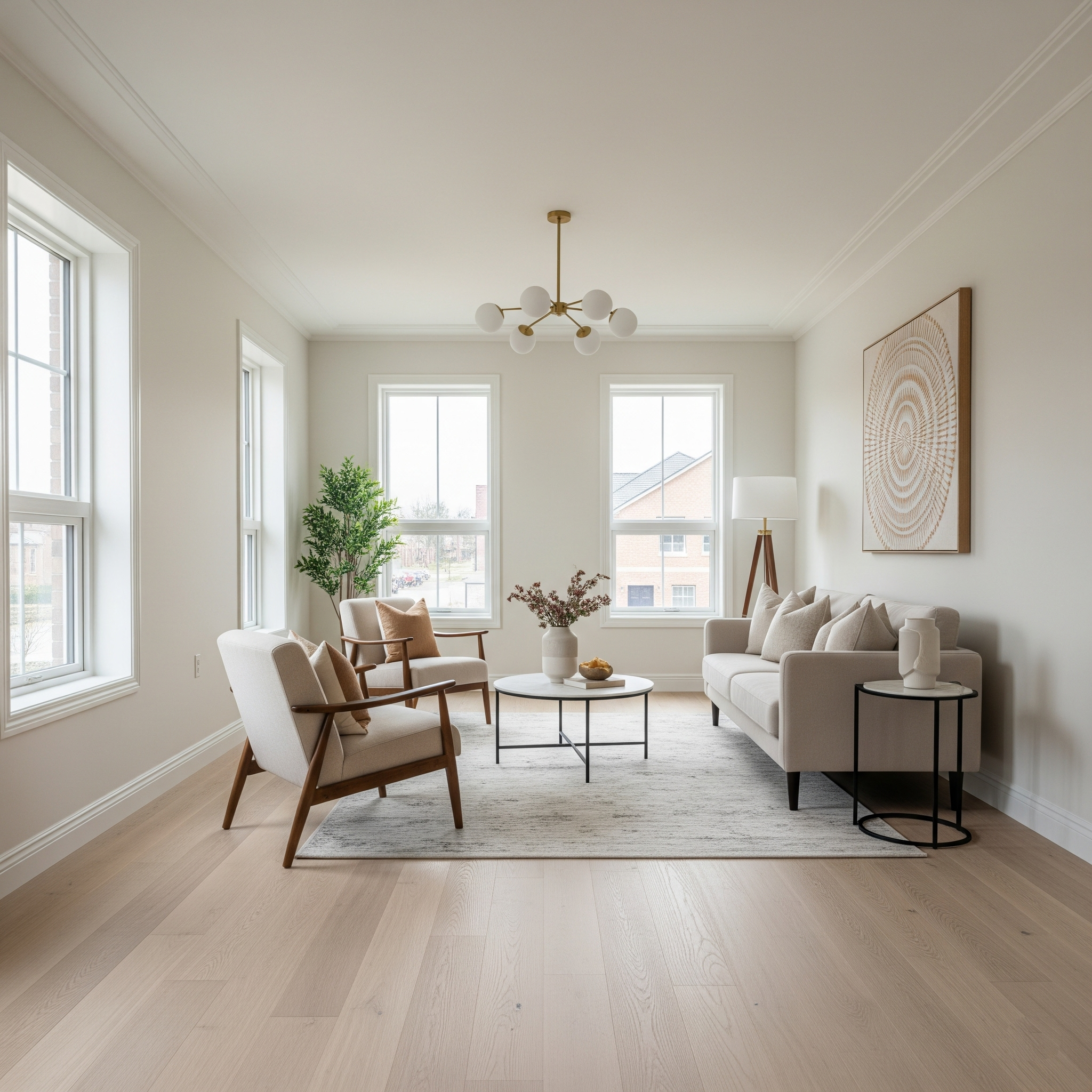 Minimalist modern living room with engineered hardwood floors and neutral off-white walls in a Newmarket home.