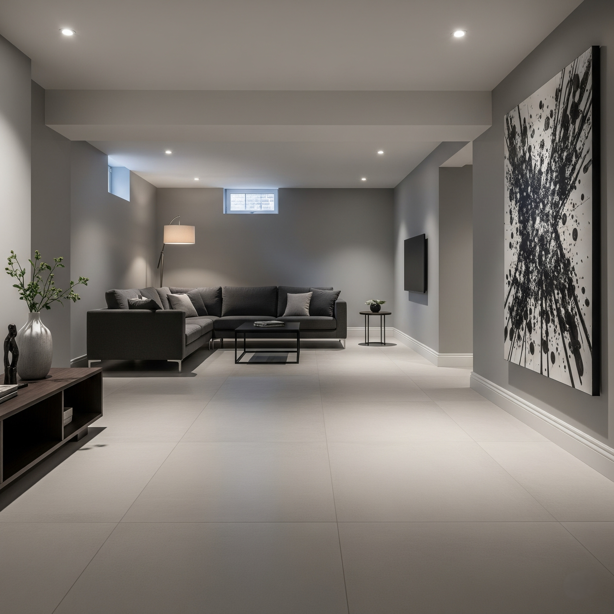 Modern minimalist basement renovation with sleek design in an Aurora home.