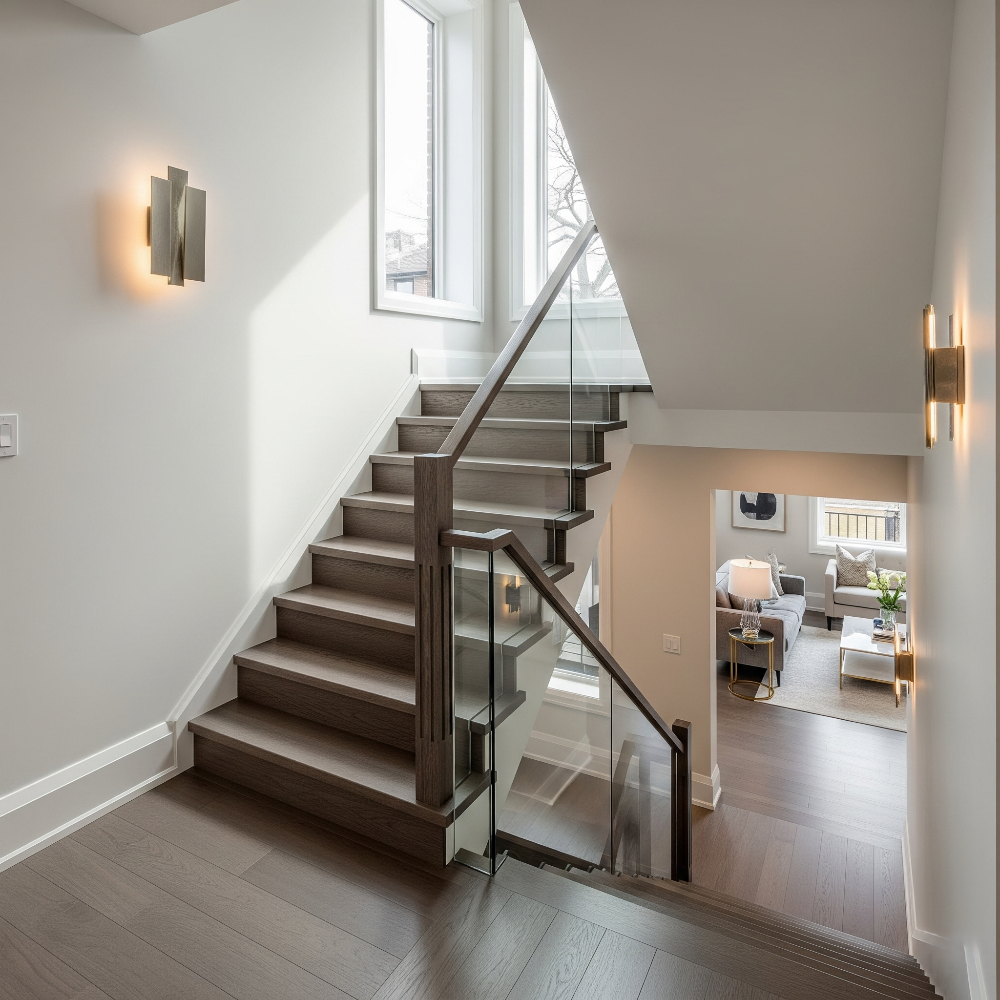 Modern wood staircase in neutral tones in a Richmond Hill home.
