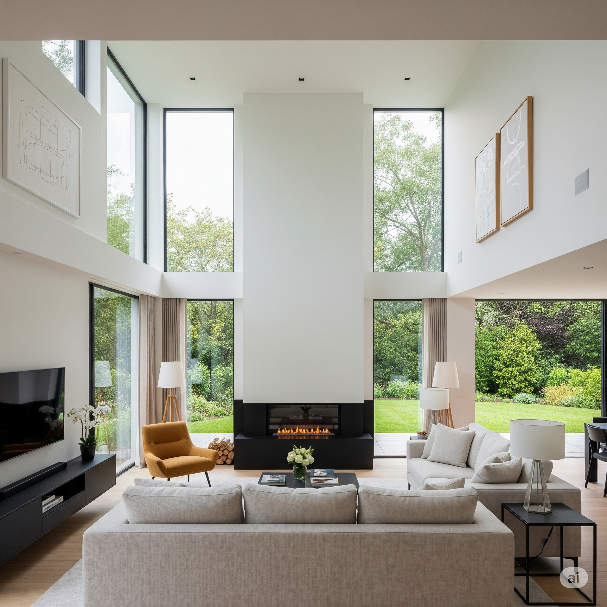 Open concept living room with fireplace and tall windows overlooking the backyard in a Barrie home.