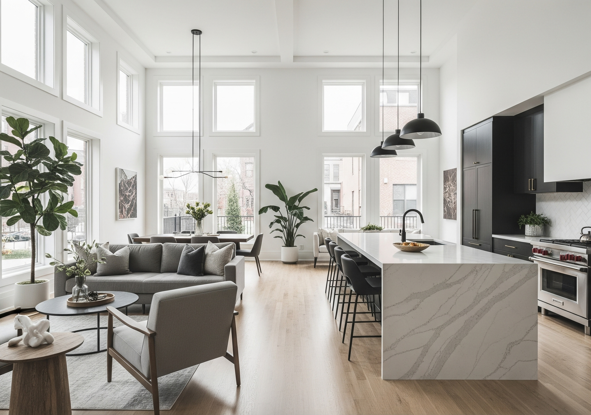 Open concept kitchen and family room with waterfall island and tall windows in a Vaughan home renovation.