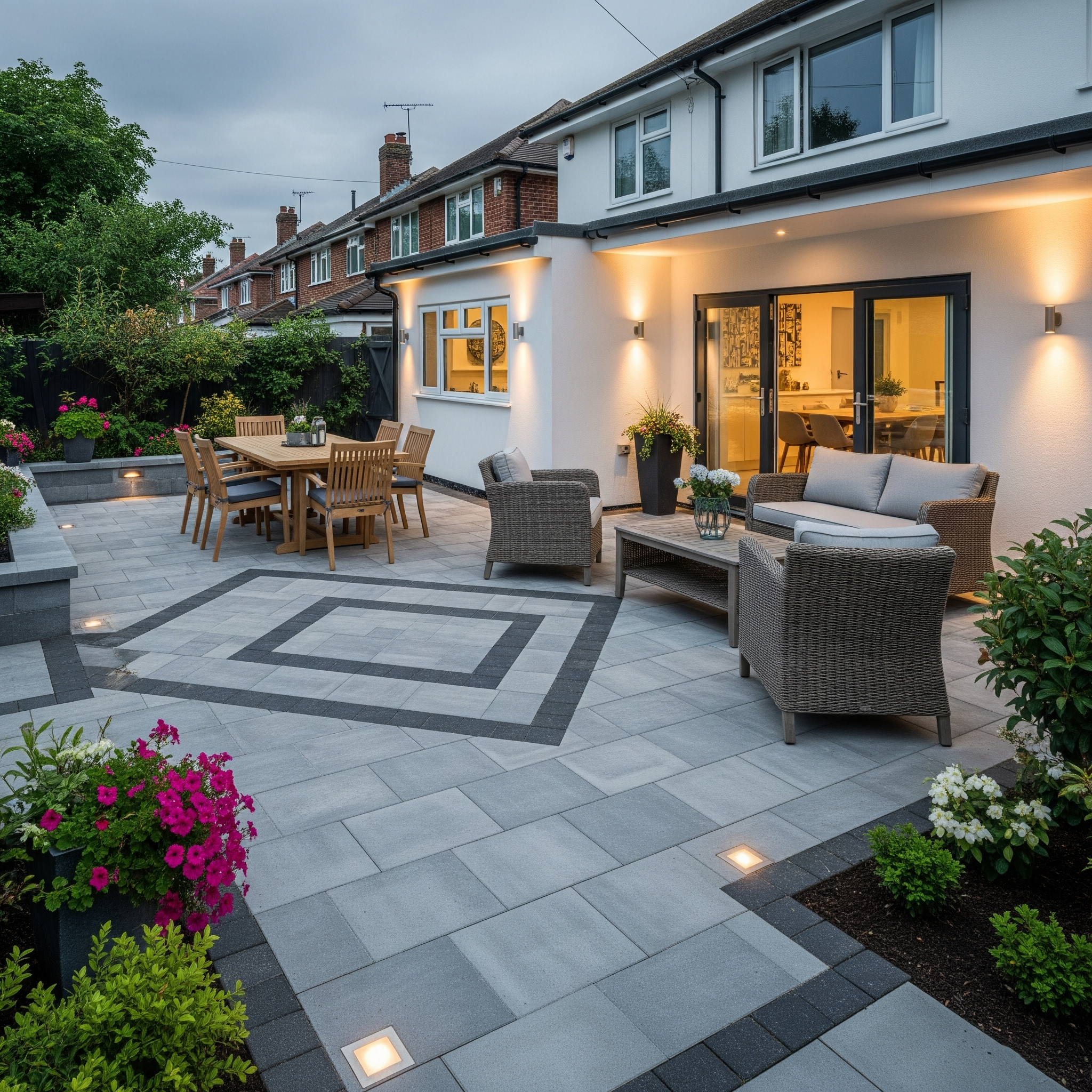 Modern backyard patio with interlocking and custom lighting in a Richmond Hill home.
