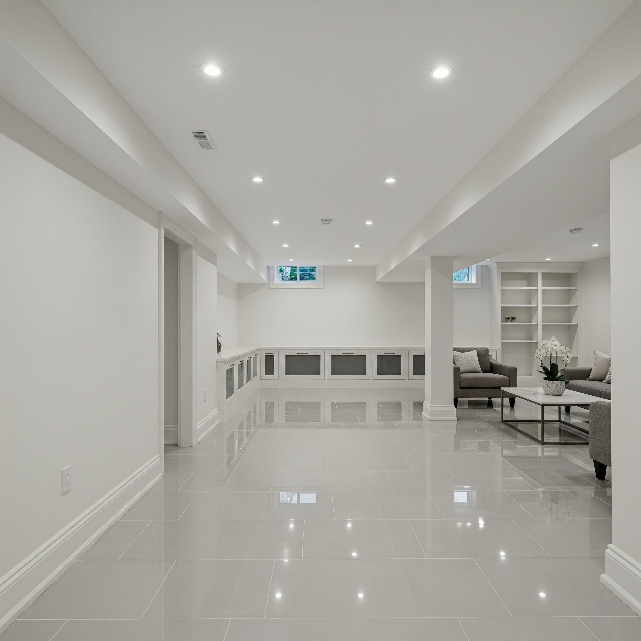 Open concept basement with white porcelain tiles and white walls in an Aurora home.