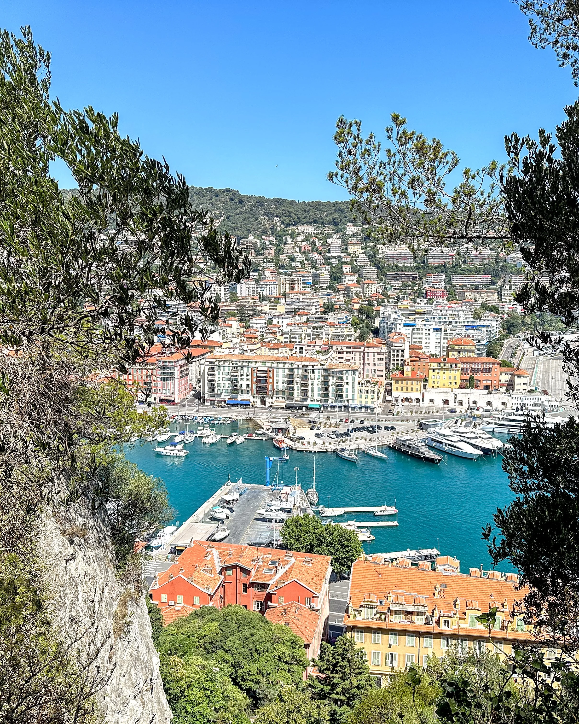 Port of Nice, France with turquoise water, yachts, and colorful waterfront buildings framed by trees