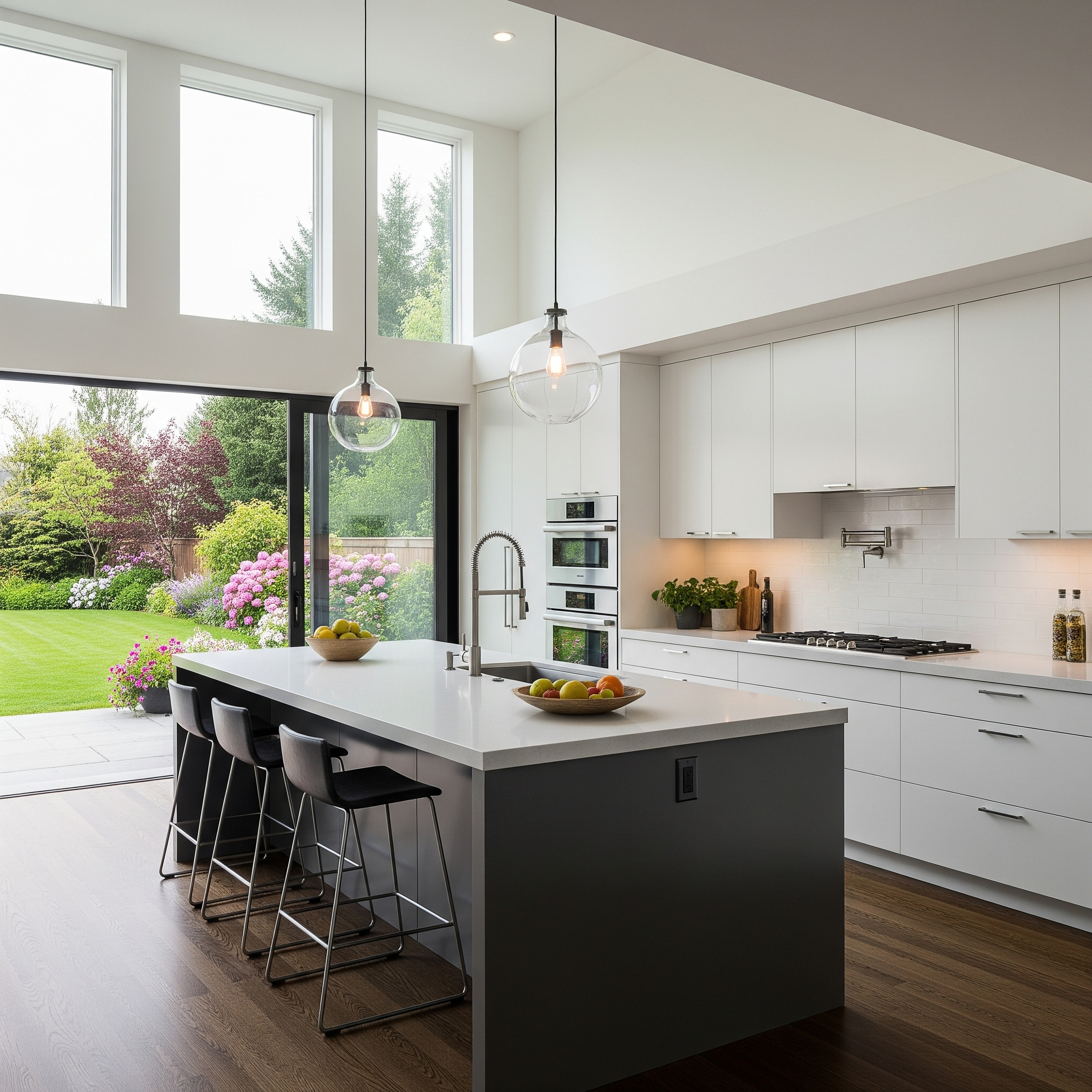 Open concept white kitchen with coffee brown island, tall ceilings, and large windows overlooking the backyard in King City.
