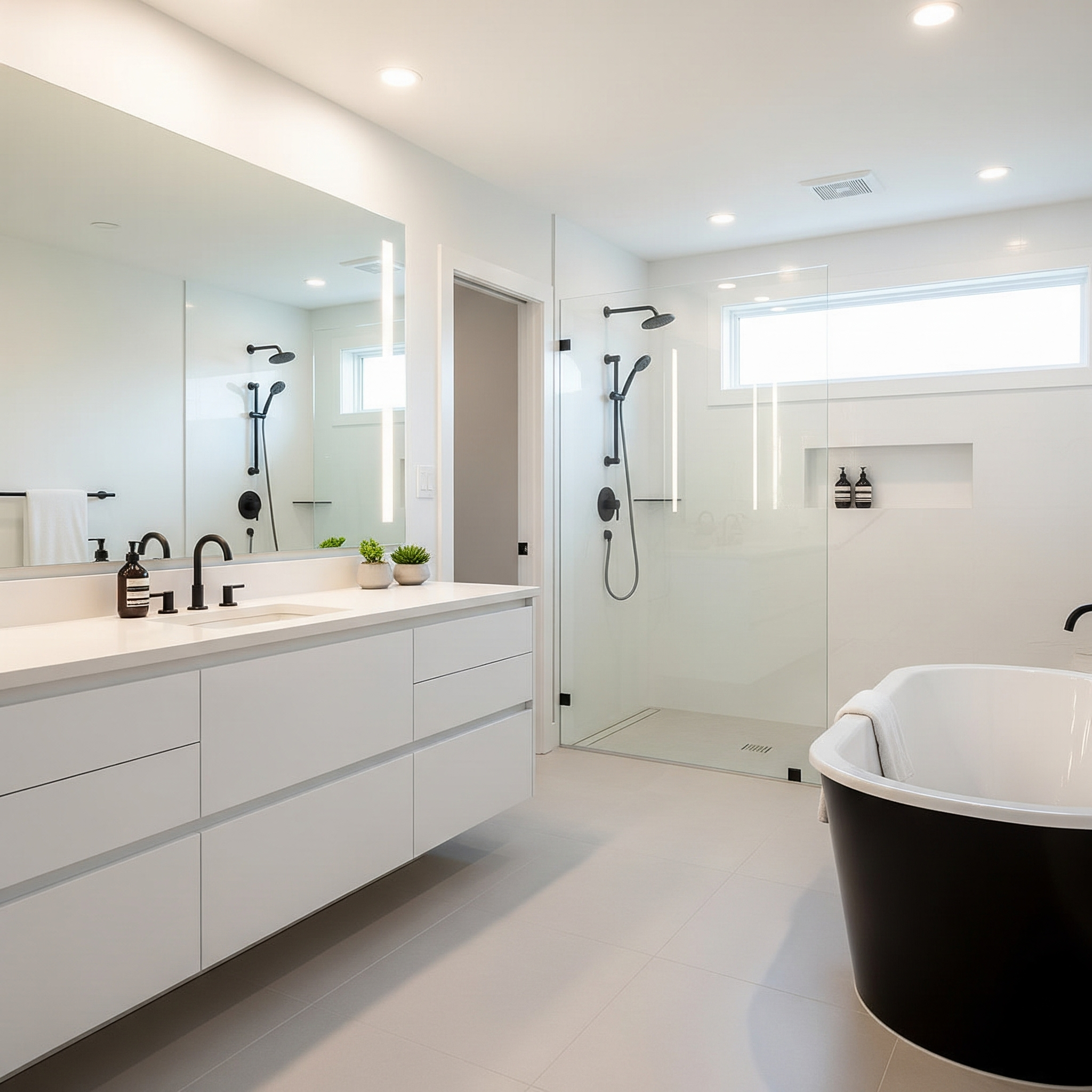 Modern white bathroom with grey porcelain tiles, standing tub, and walk-in shower in a Richmond Hill home.
