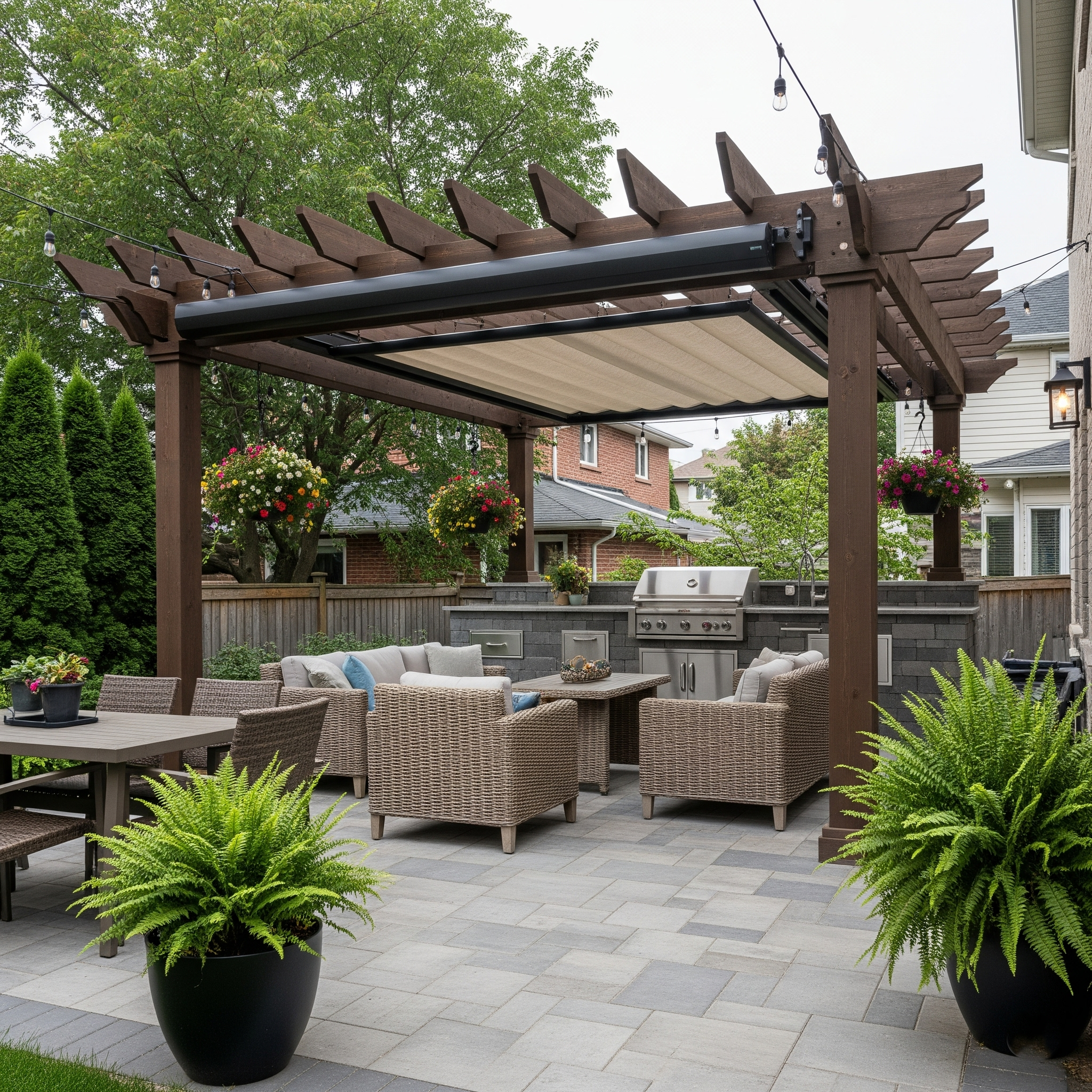 Backyard patio with interlock paving and gazebo in a Newmarket home renovation.