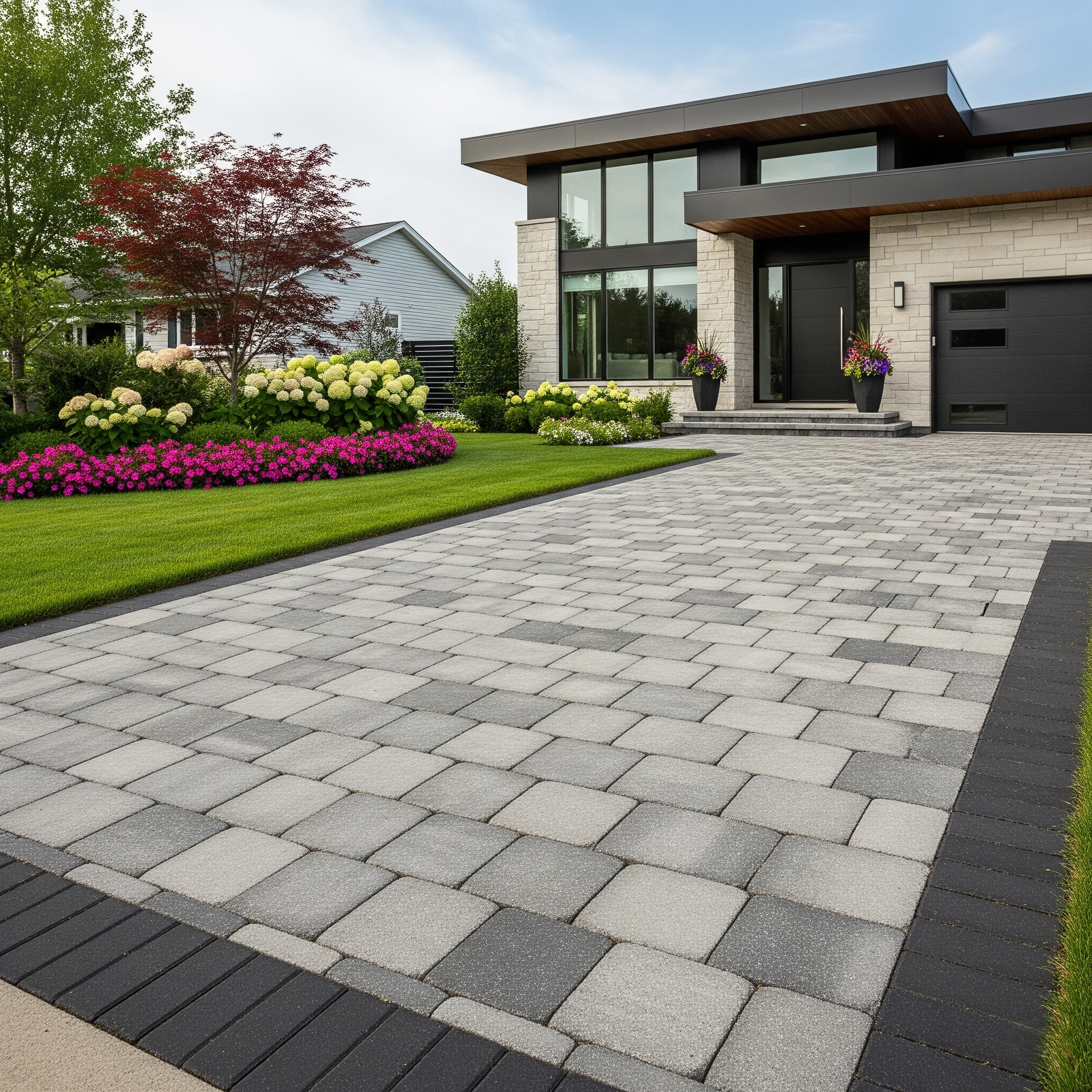 Modern interlocking driveway installation in an Aurora home.