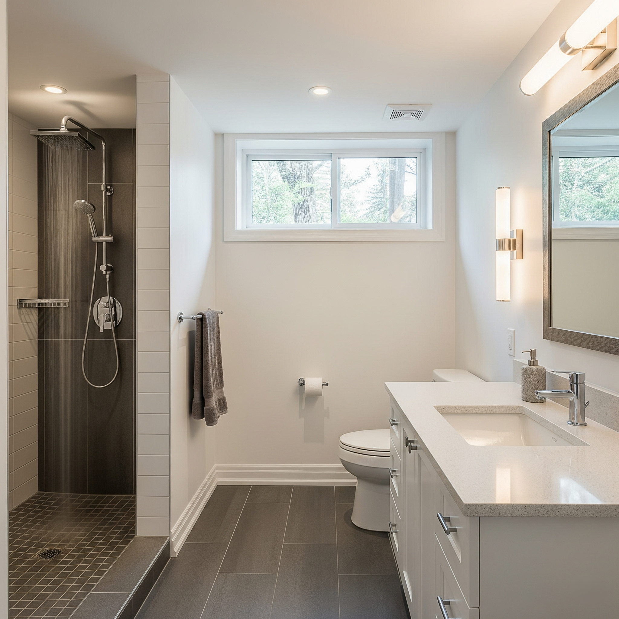 Modern basement bathroom in North York with porcelain tiles, white vanity, and quartz countertop.