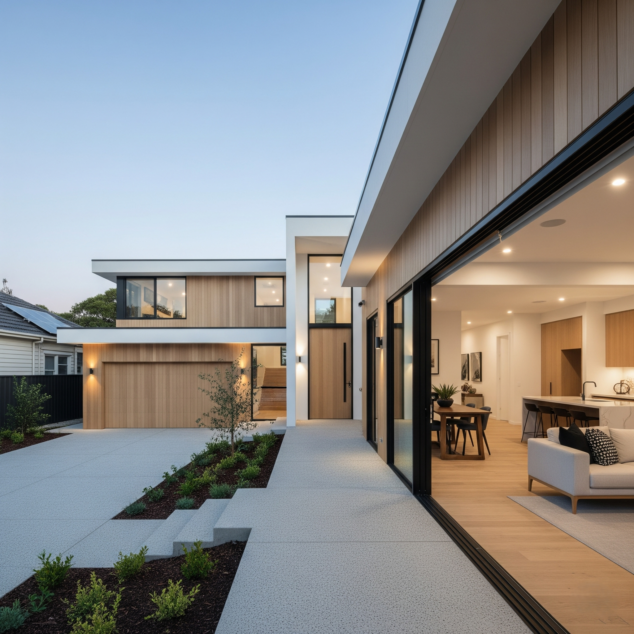 Exterior of a modern Vaughan home featuring wood and stucco facade with tall windows.