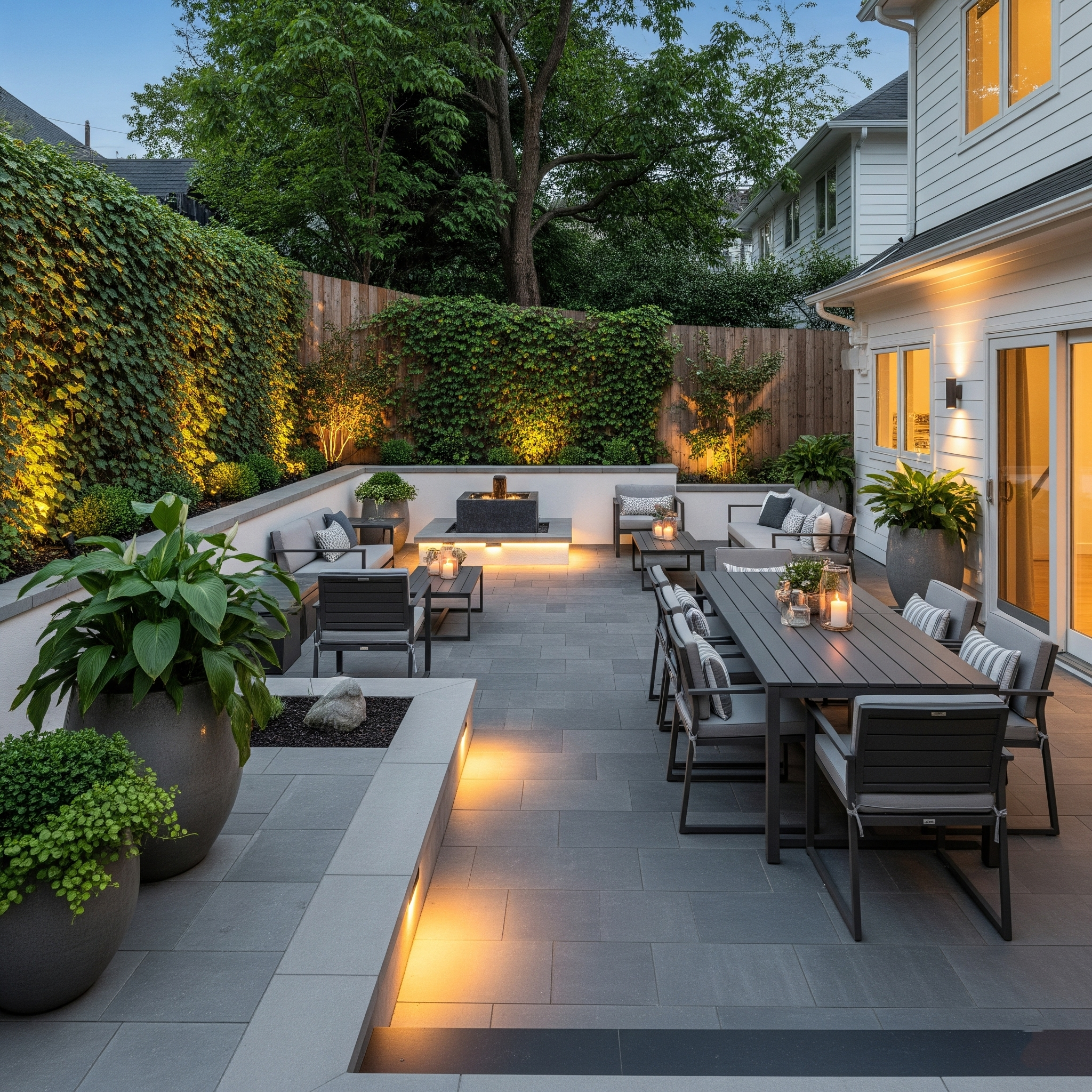 Modern interlocking backyard patio with custom lighting in a Newmarket home.