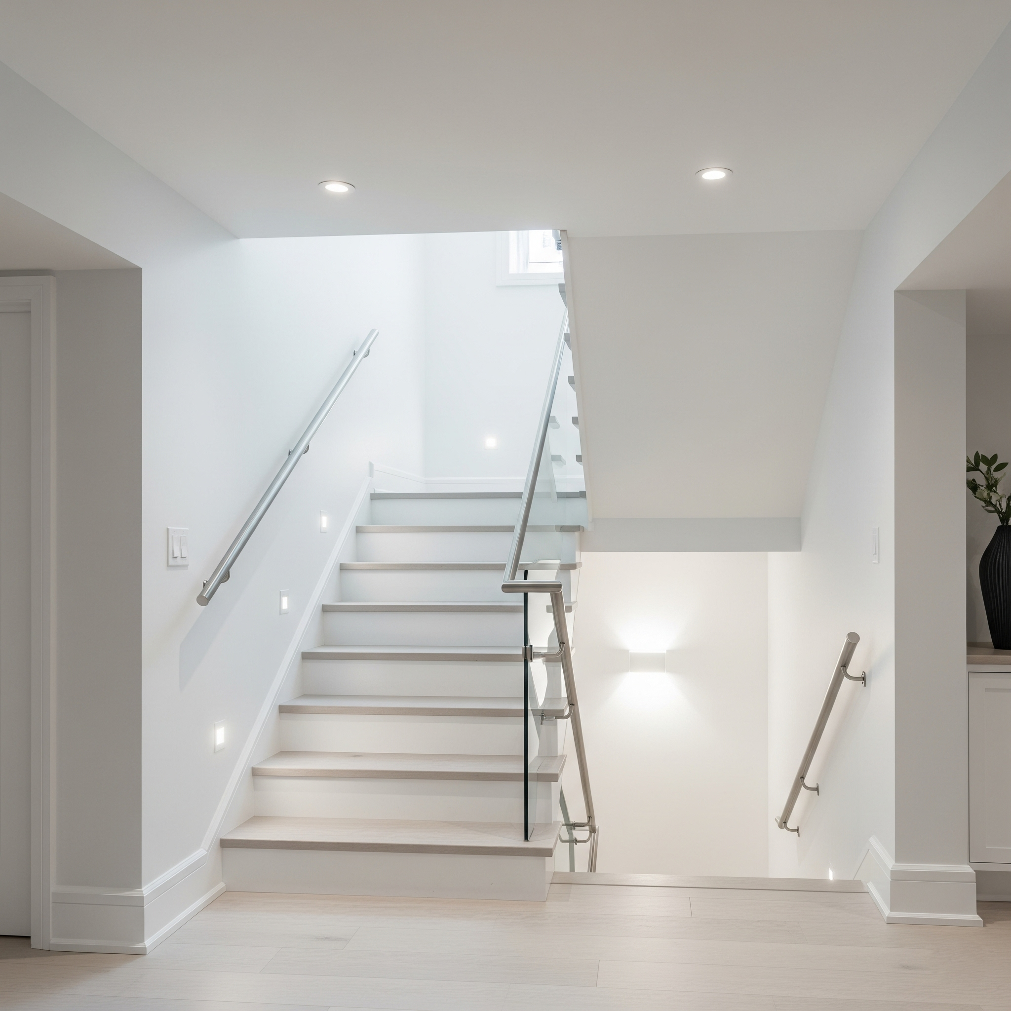 Modern staircase with glass railing leading to the basement in a Barrie home.