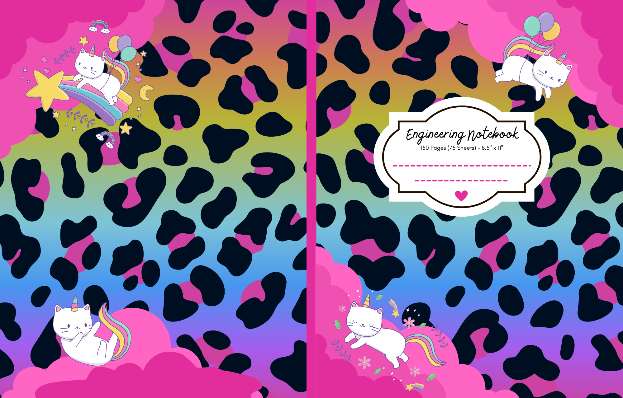 Colorful, vibrant unikitty-themed engineering notebook cover with a pink and black animal print background, featuring cute white unikitties with rainbow manes and horns, surrounded by rainbow leopard print.
