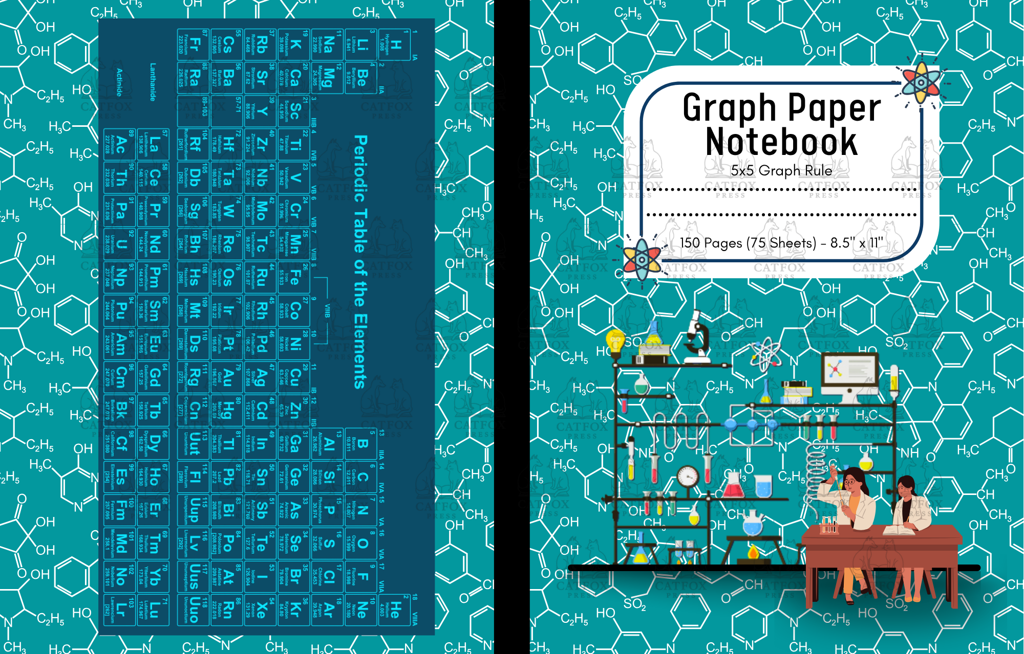 A notebook cover titled 'Graph Paper Notebook' featuring a scientific theme with illustrations of chemistry lab equipment, scientists, and chemical formulas on a blue background with white molecular structures. The cover also displays the note that i
