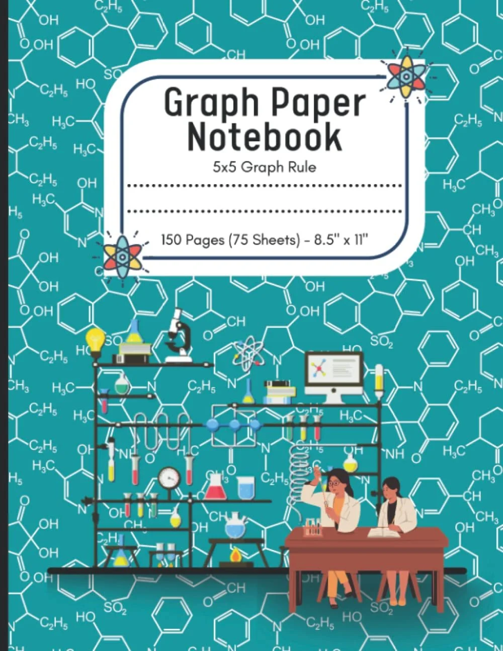 Cover of a graph paper notebook with a science laboratory illustration, background with chemical formulas, and scientists working with laboratory equipment.