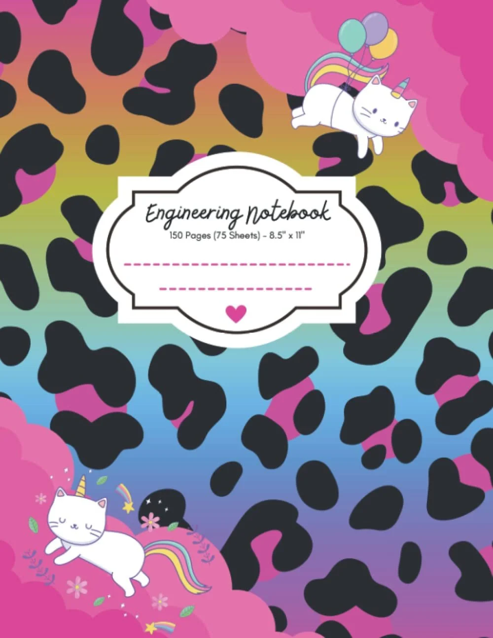 Colorful notebook cover with a rainbow leopard print background, featuring two cartoon unicorn cats with rainbow tails, on a rainbow leopard print background, labeled 'Engineering Notebook' with 150 pages.
