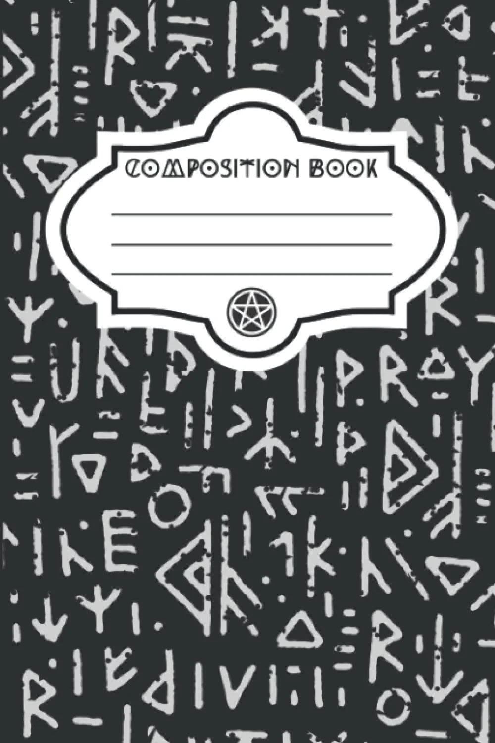 Black composition notebook with white scribbles and a white label in the center that reads 'Composition Book' with lines for writing and a small pentagram symbol.