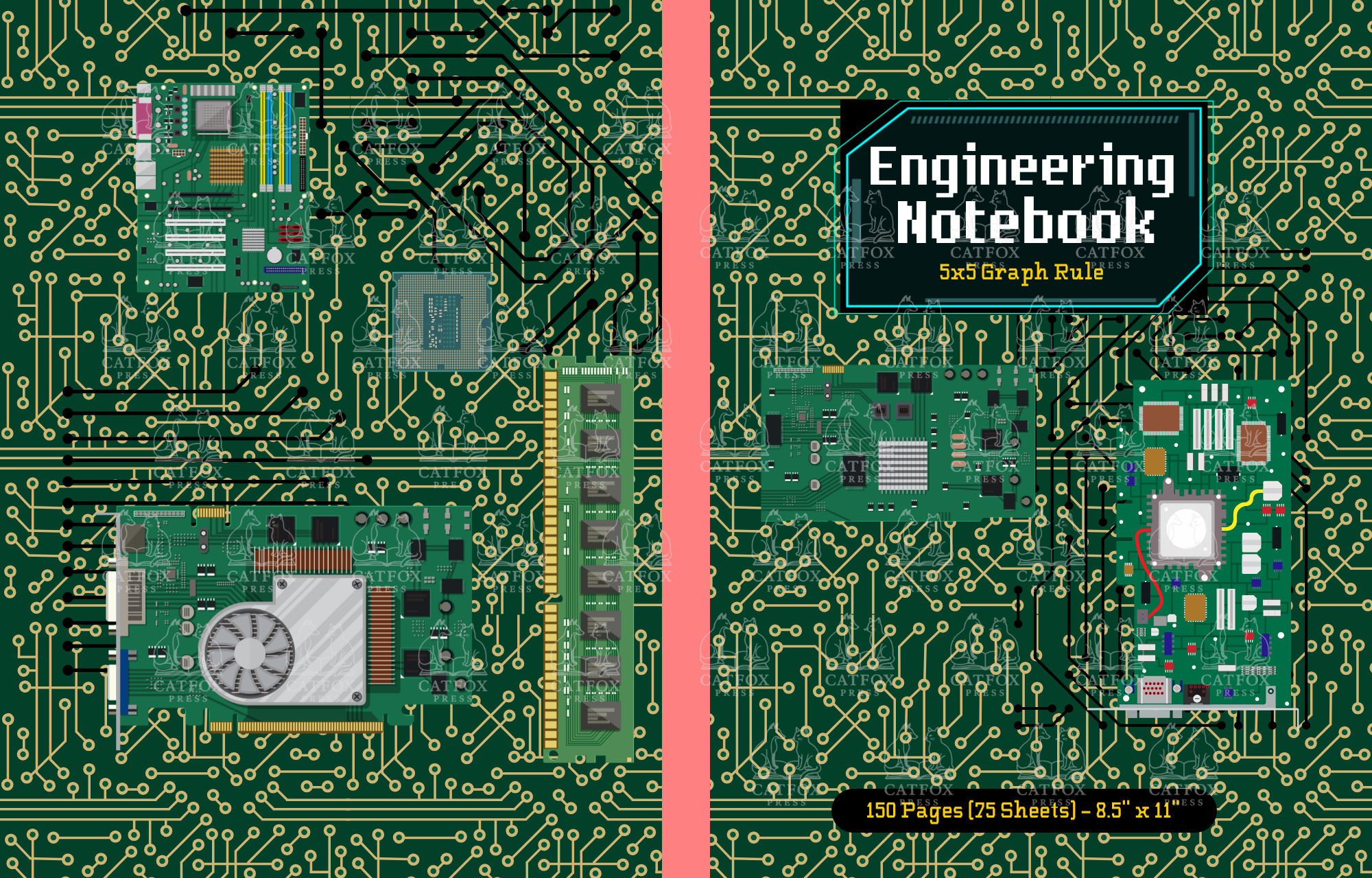 Cover of an engineering notebook featuring electronic circuit board designs and computer components with a pink spine and black text indicating 150 pages, 8.5 x 11 inches.