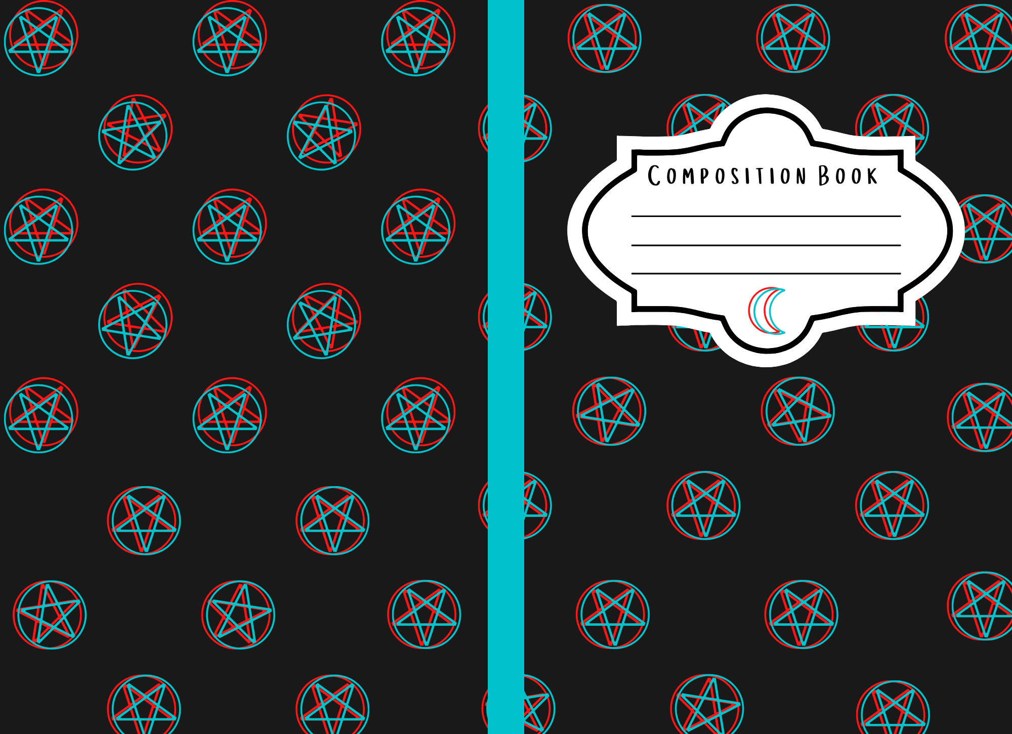 Cover design for a composition book featuring a repeating pattern of blue and red pentagrams on a black background, divided by a cyan strip, with a white bordered label reading "Composition Book" and a crescent moon symbol.