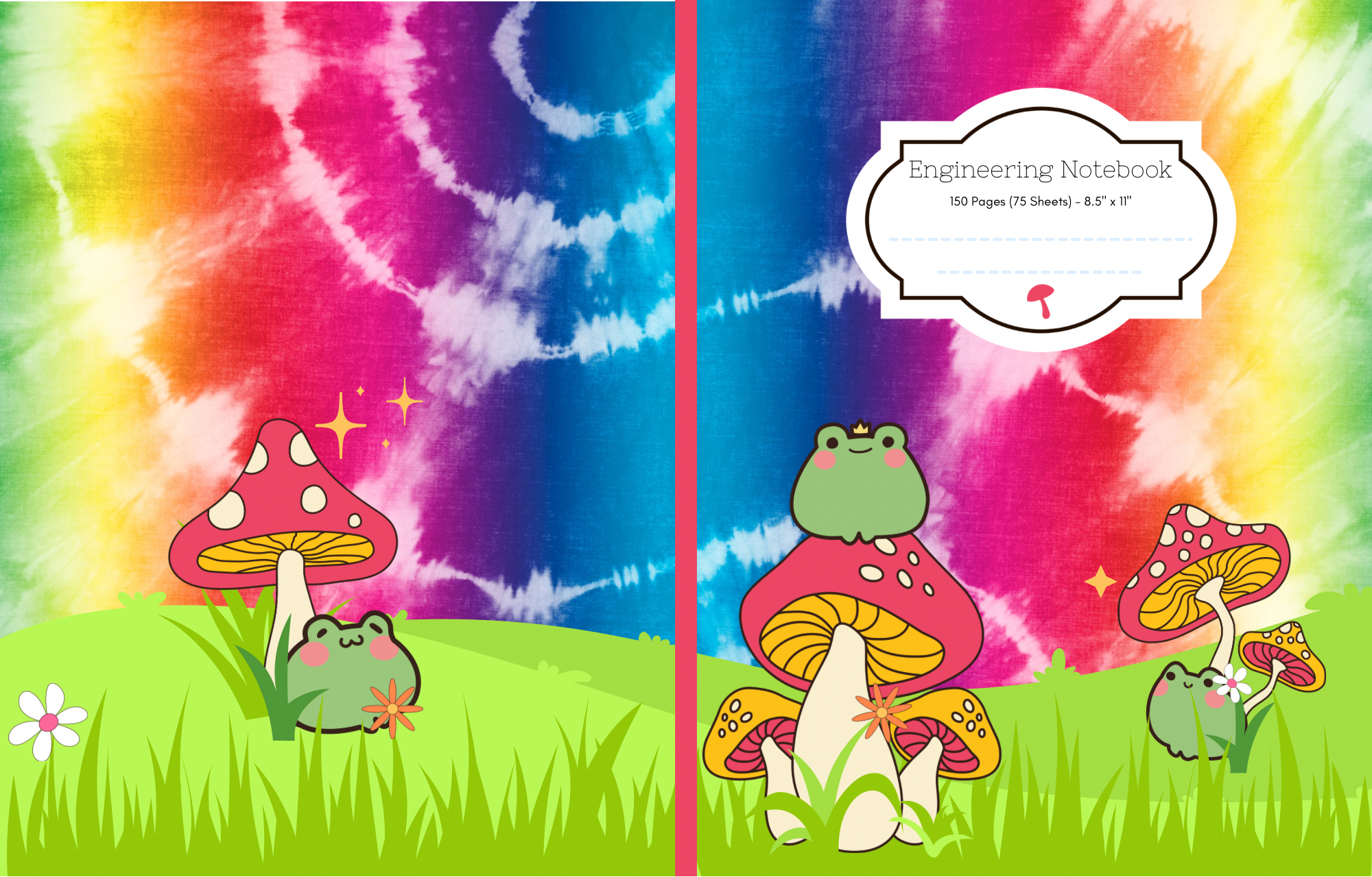 Colorful tie-dye patterned background featuring cartoon frogs and mushrooms in a grassy field with flowers.