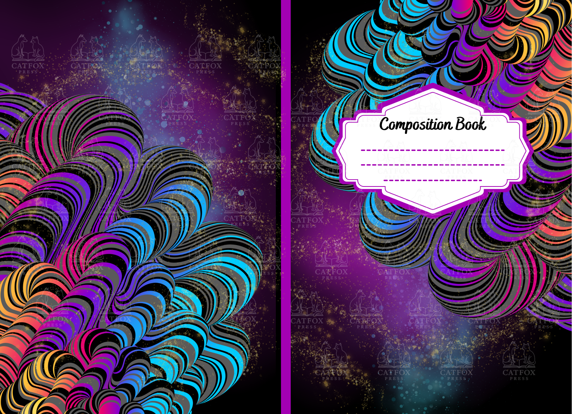 Colorful album cover design for a composition book with abstract swirling patterns in pink, blue, purple, and orange against a cosmic purple background. A white label with purple border reads 'Composition Book'.