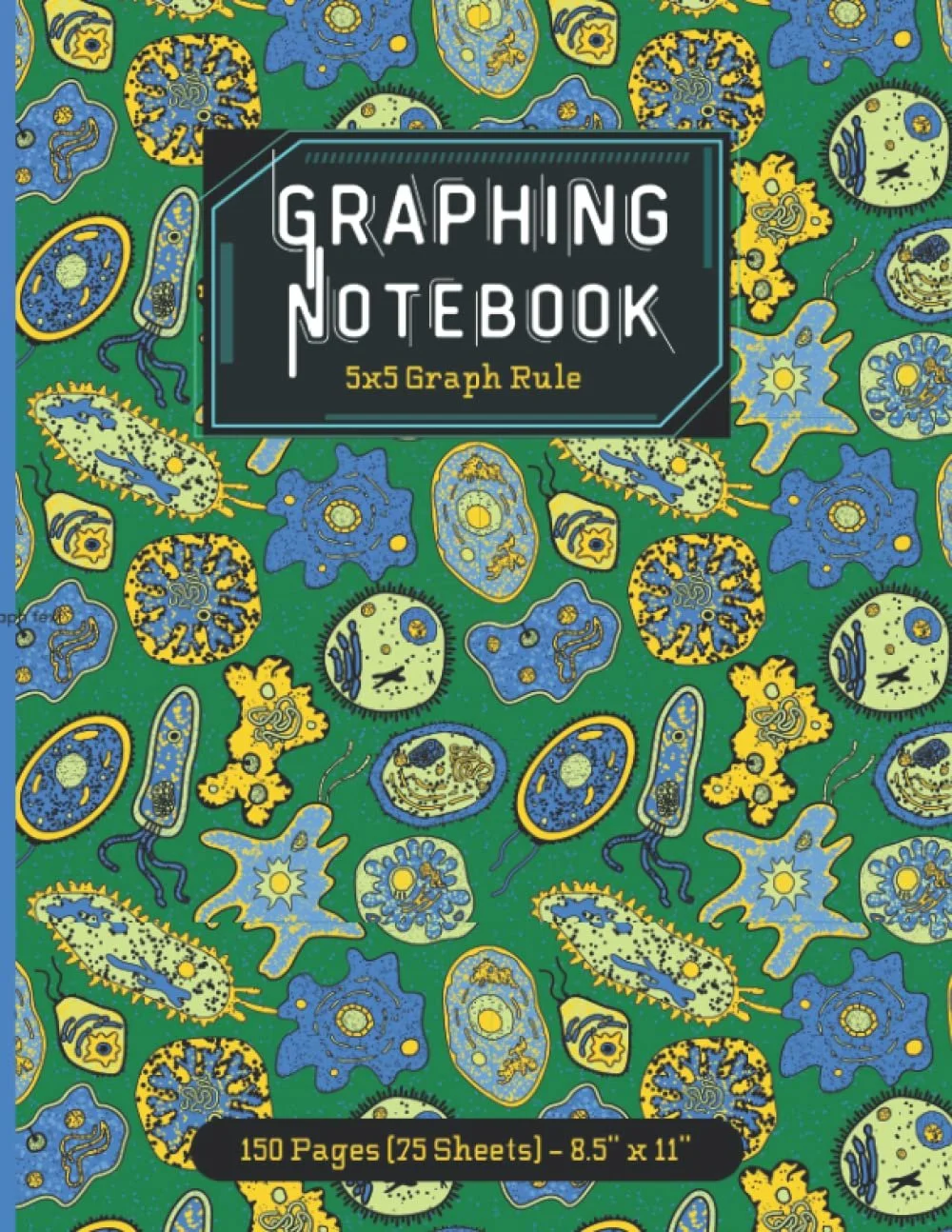 Cover of a graphing notebook with a green background and illustrations of various colorful bacteria and microorganisms, titled 'Graphing Notebook' with the subtitle '5x5 Graph Rule,' and size details '150 Pages (75 Sheets) - 8.5 x 11 in' at the botto
