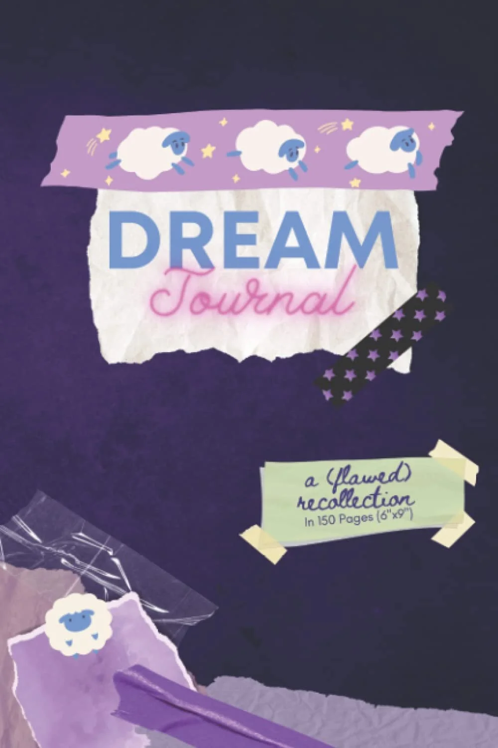 A journal titled "Dream Journal" with purple and white design elements, including sheep and stars, on a dark background.