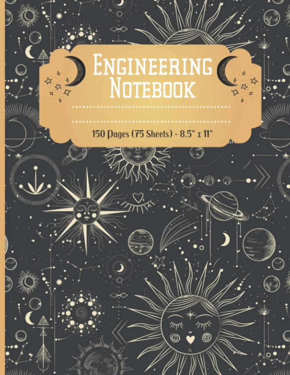 Cover of an engineering notebook with celestial and astronomical illustrations, including suns, moons, planets, and stars, on a dark background with a beige label in the center.