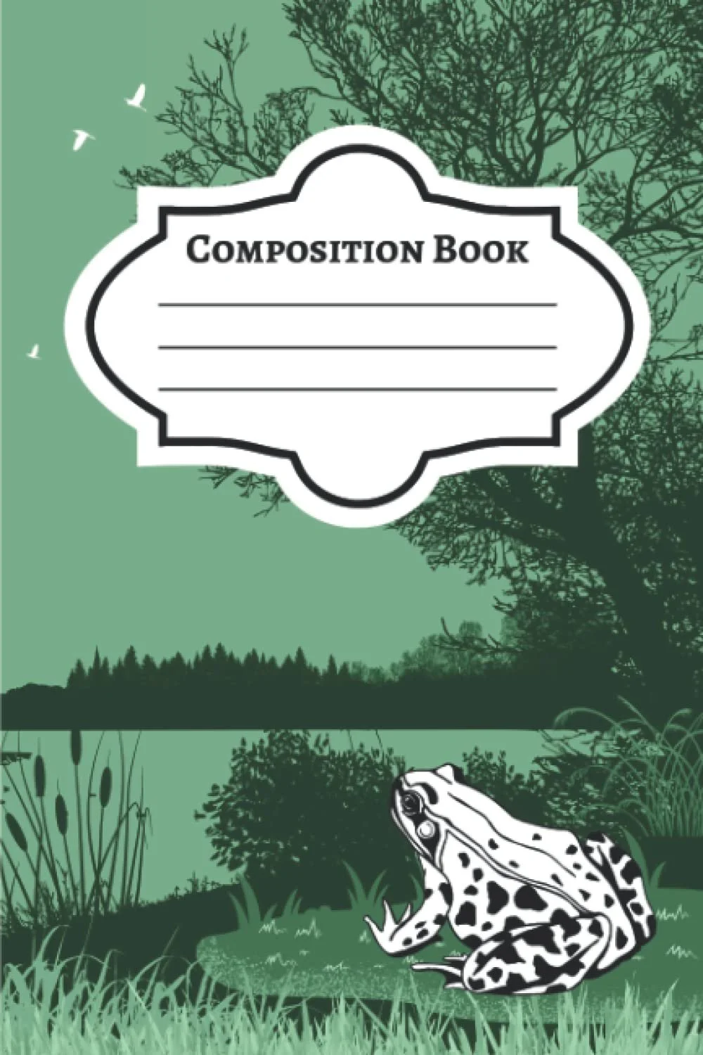 Green nature scene with a black and white frog in foreground, trees and a body of water in the background, and a label reading 'Composition Book' in a decorative frame.