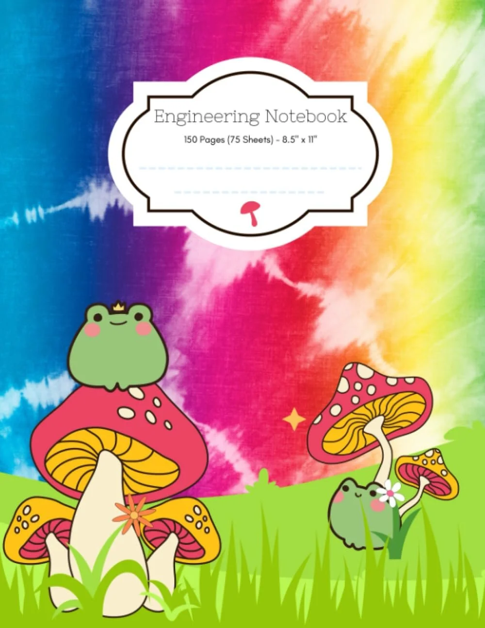 Colorful tie-dye background with cartoon frogs sitting on pink and yellow mushrooms, one frog with a crown and another holding a flower, and a white label reading "Engineering Notebook" with details about page count and size.