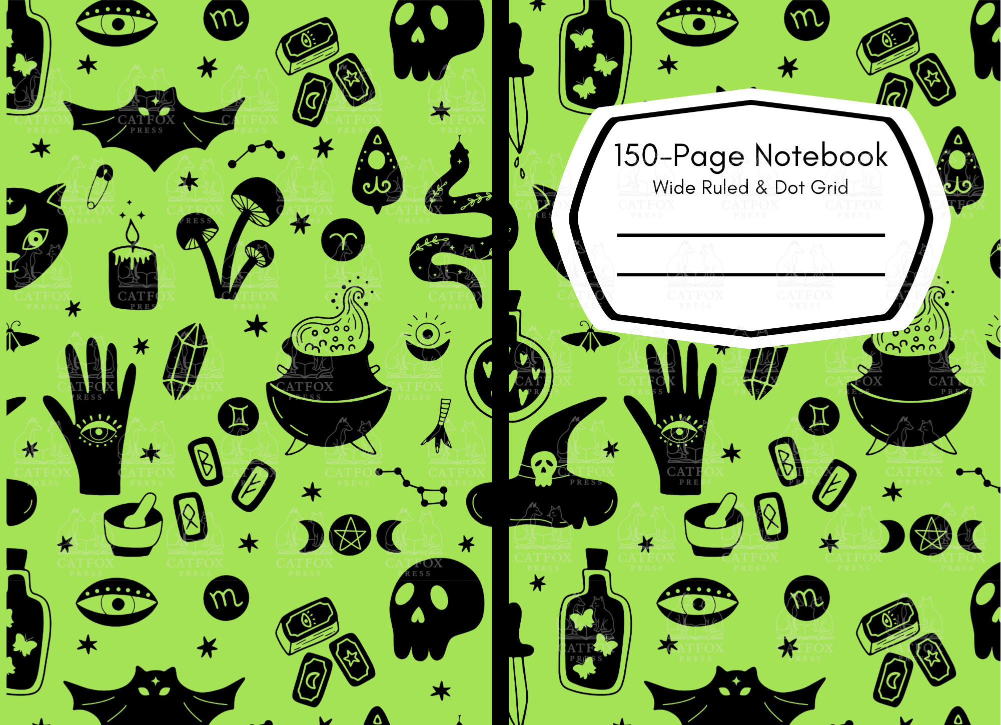 Cover of a 150-page notebook with a green background and black spooky and Halloween-themed illustrations, including skulls, bats, cauldrons, potions, hands, candles, eyes, mushrooms, and other symbols. The notebook cover has a white label with black