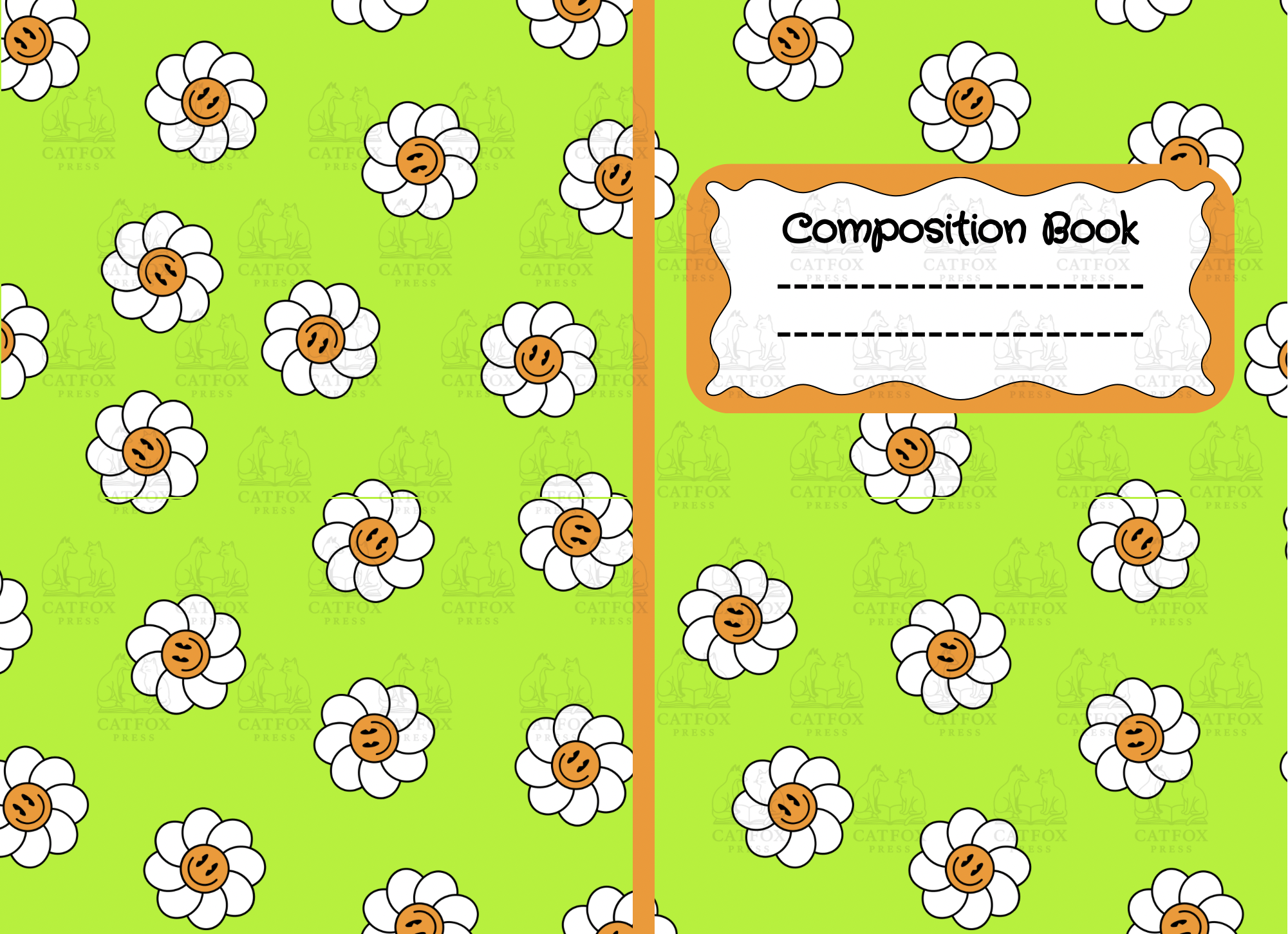 Green notebook cover with white flowers that have smiley face daisies, divided into two sections, with a label reading 'Composition Book' surrounded by a decorative border.