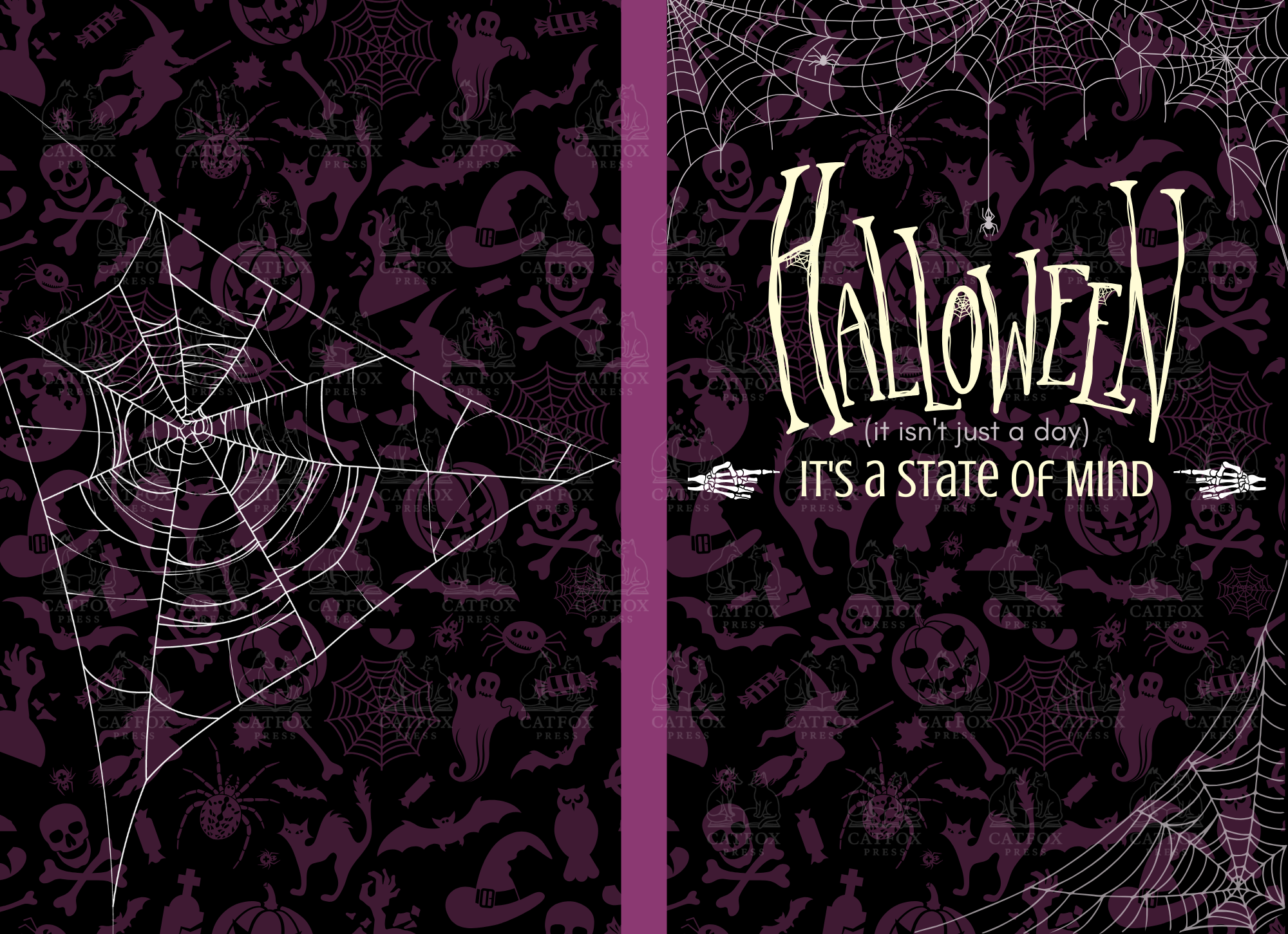 Halloween-themed digital graphic with a dark background filled with purple silhouettes of skulls, bats, cats, spiders, pumpkins, ghosts, and cobwebs. The right side features the word "Halloween" in a spooky font, with the phrase "(it isn’t just a day