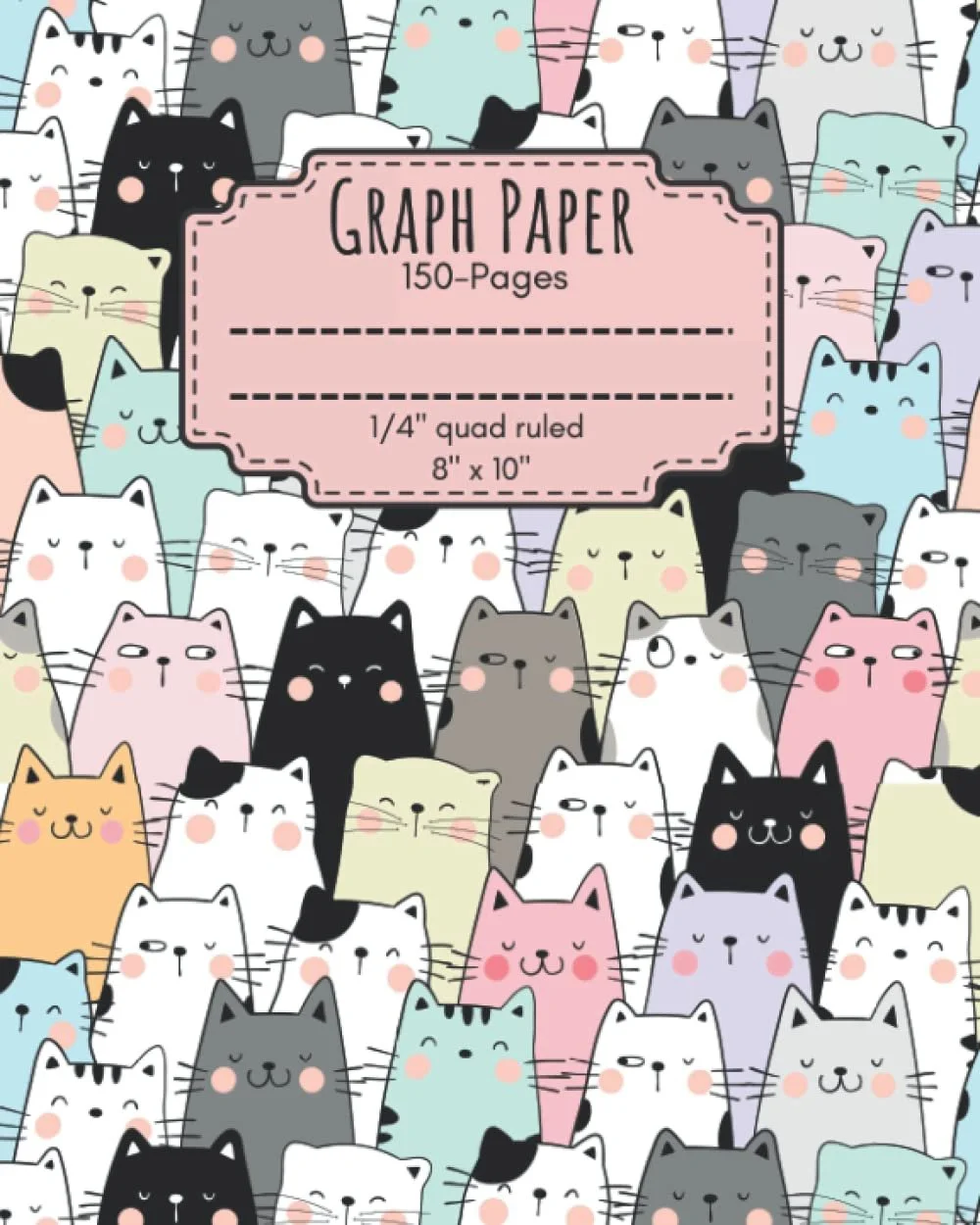 Colorful graph paper cover with a pattern of cute cartoon cats in various colors and expressions, and a pink label in the center.