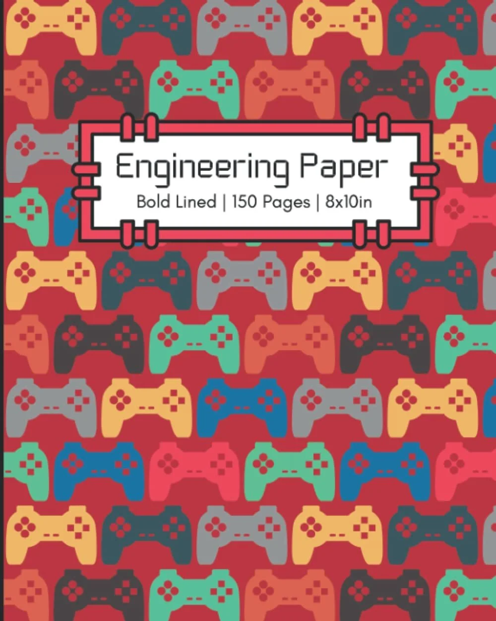 Pattern of colorful pixel art game controllers on red background, with a label in the center that says 'Engineering Paper, Bold Lined, 150 Pages, 8x10 inch'.