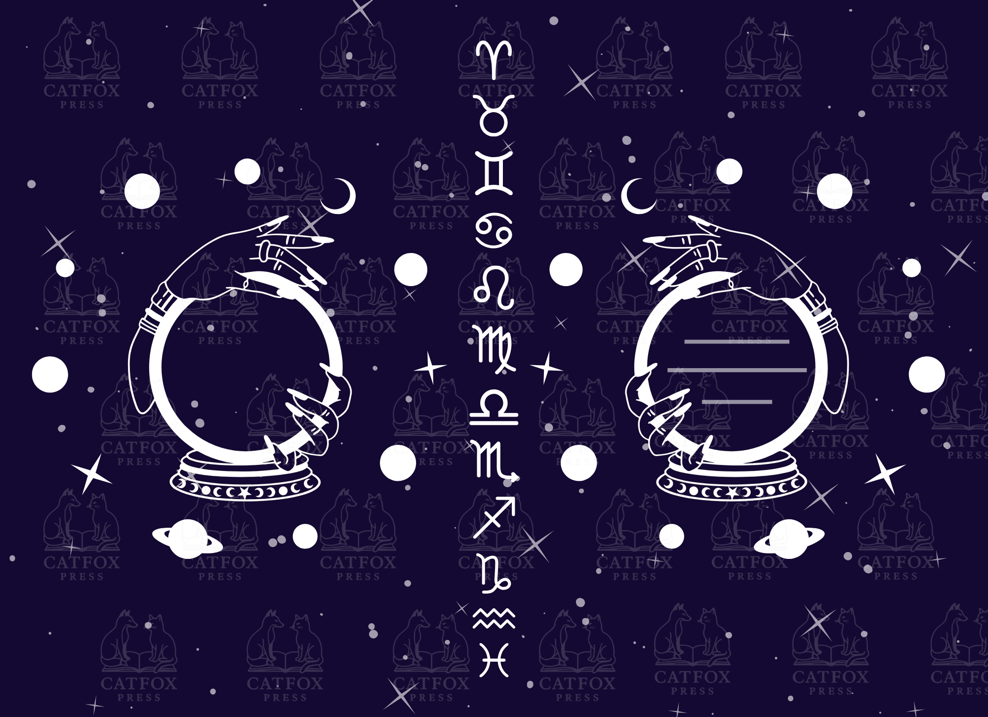 An astrology-themed graphic with white line art of two astronomical spheres being held by hands, surrounded by stars, planets, and zodiac symbols on a dark background with a repeating cat logo watermark.