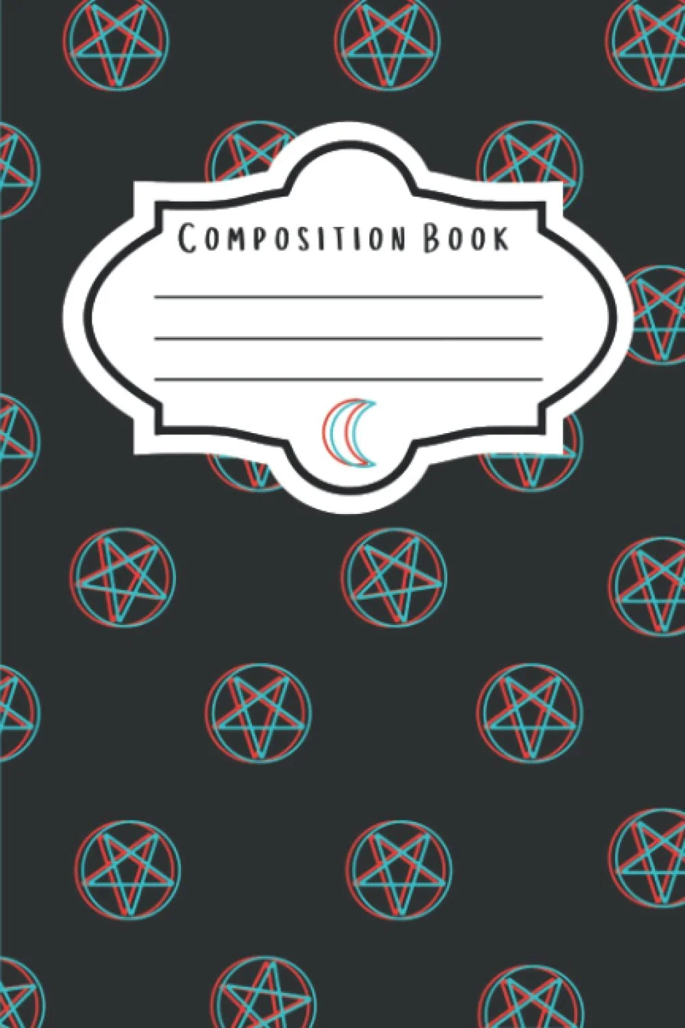 A dark-colored composition book cover with a pattern of red and blue pentagrams. In the center, there is a white label with black outline, titled 'Composition Book,' and a space for writing. A small crescent moon icon is below the title.