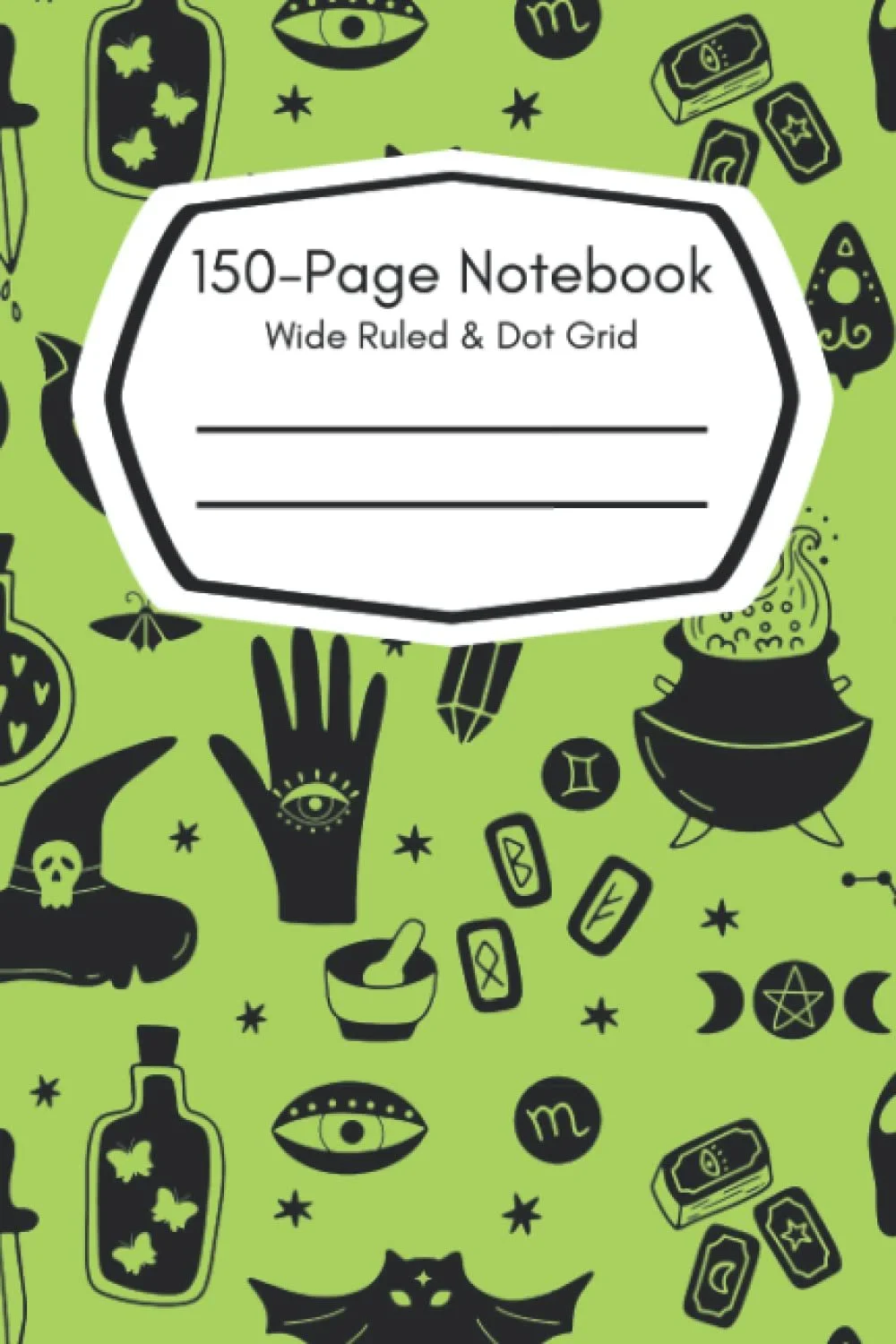Bright green cover of a 150-page notebook with black doodle-style illustrations of witches, cauldrons, potions, eyes, cats, moons, stars, alcohol bottles, and tarot cards, with a central white label.