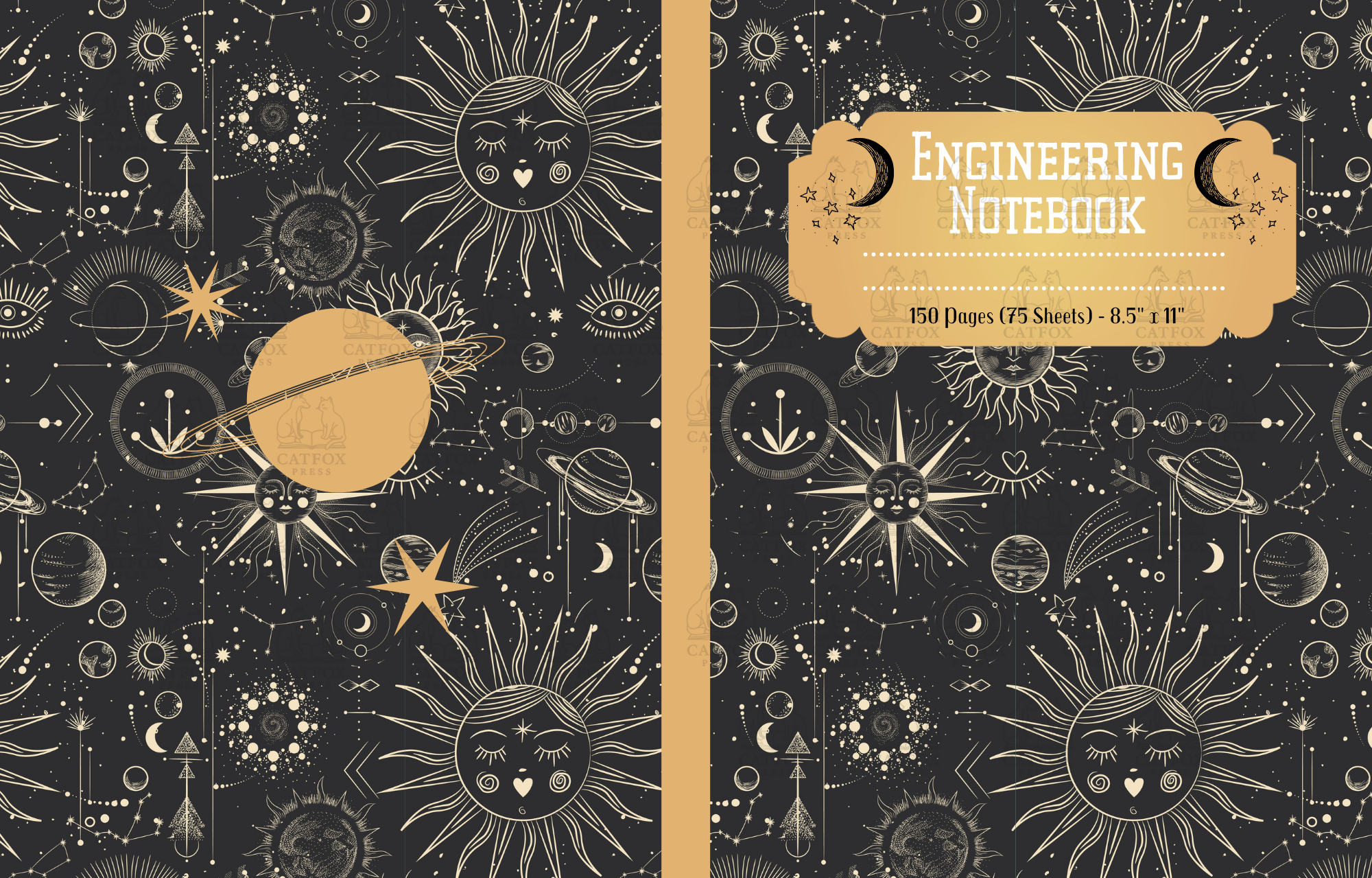 Cover of an engineering notebook with a celestial space-themed pattern featuring suns, moons, planets, stars, and constellations, with a label reading 'Engineering Notebook' and info about pages and size.