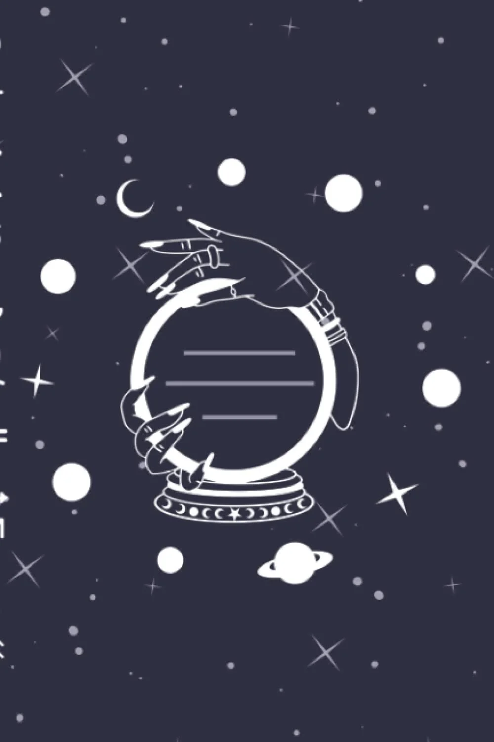 Black and white illustration of hands holding a crystal ball against a starry space background, with planets, moons, and stars surrounding.