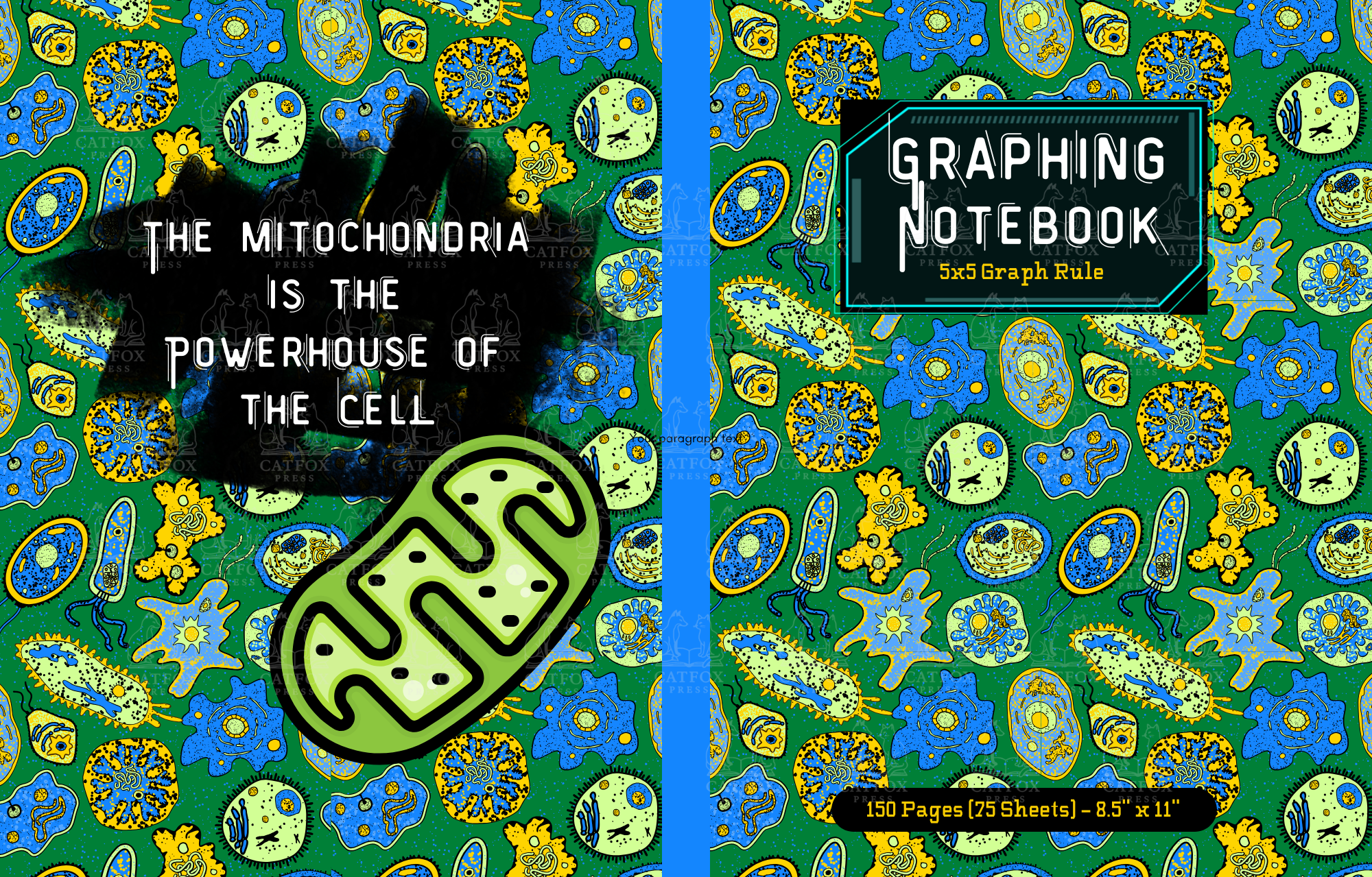 Book cover titled 'The Mitochondria is the Powerhouse of the Cell' with a background pattern of blue, yellow, and green cartoon-style mitochondria and cell structures. The right side has a cover titled 'Graphing Notebook 5x5 Graph Rule' with the same