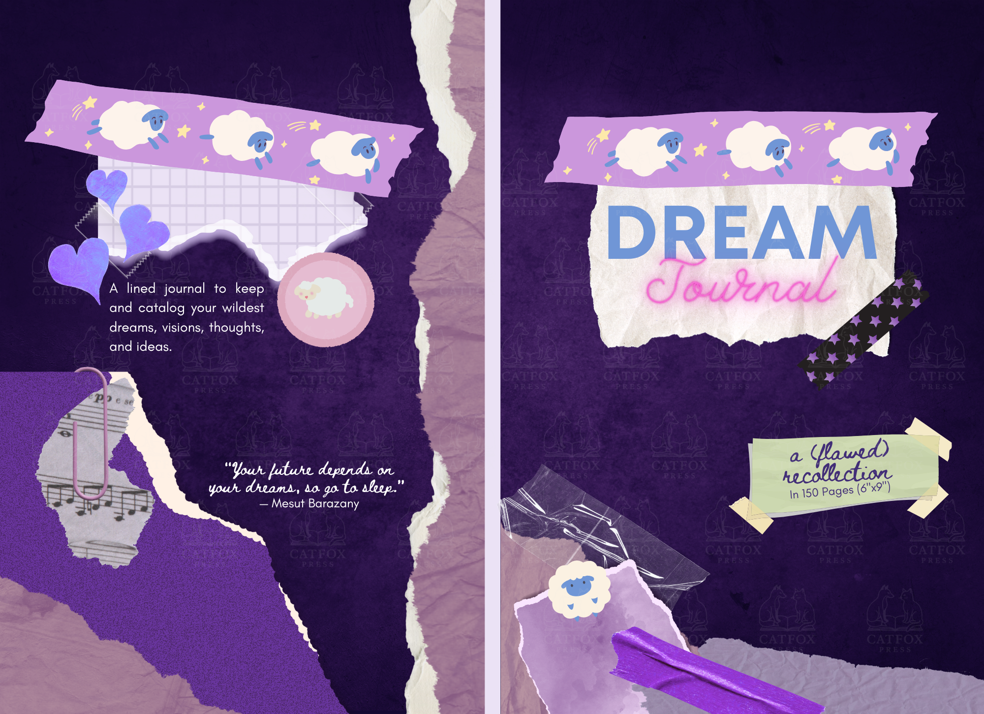 Decorative digital collage with torn paper effects featuring a purple background, cute cloud illustrations with rain and stars, a journal with a sheep illustration, and text about a dream journal. The right side includes a title 'DREAM Journal' in la