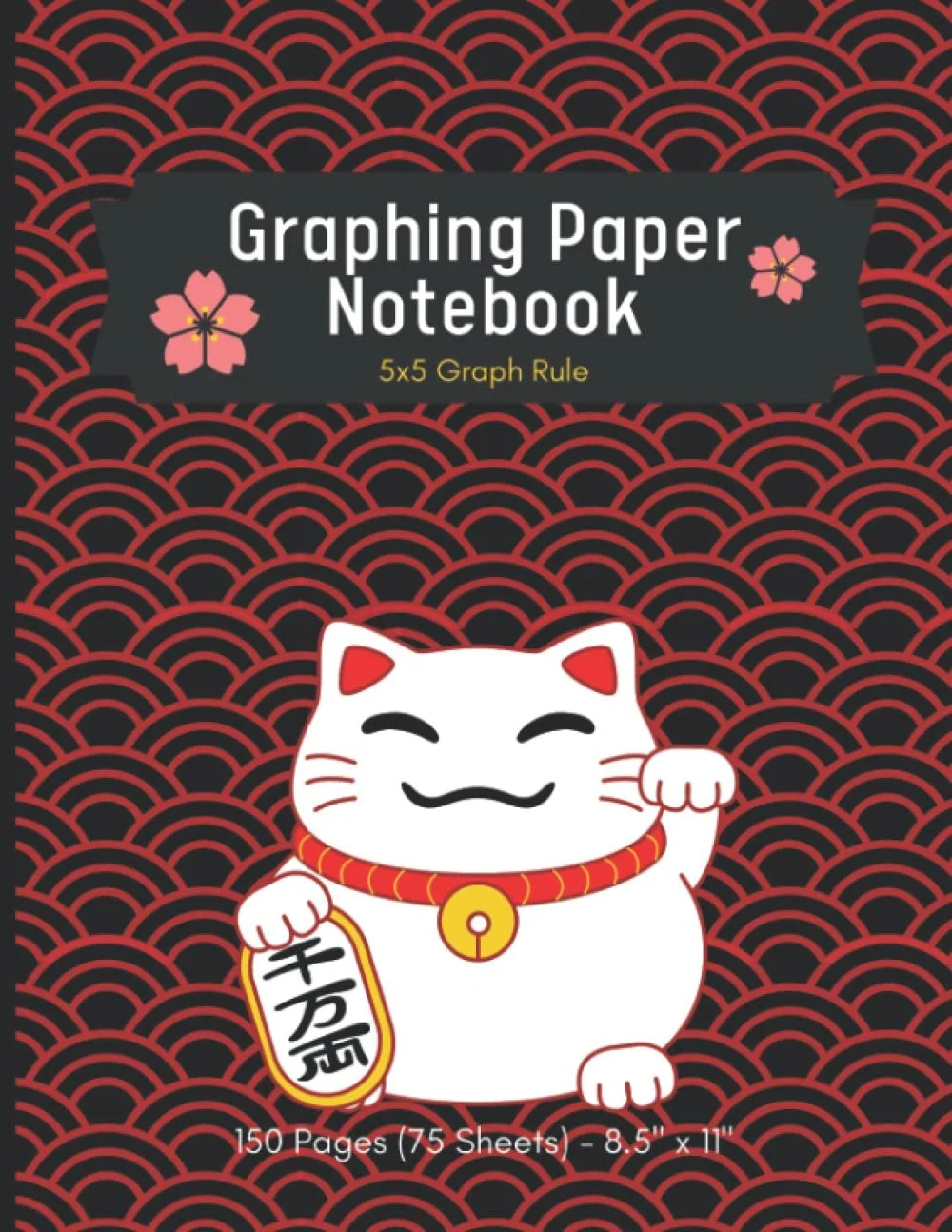 Cover of a graphing paper notebook featuring a loud, smiling white maneki-neko cat with a red collar holding a sign with Japanese characters, set against a red and black wave pattern background with pink cherry blossom accents.