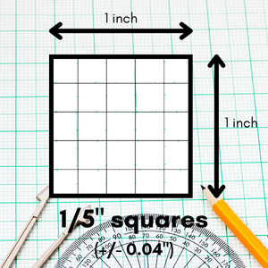 A grid paper with a 1-inch square drawn in the center, marked with a ruler showing 1 inch sides, and a protractor at the bottom indicating angles, used for drafting or precision drawing.