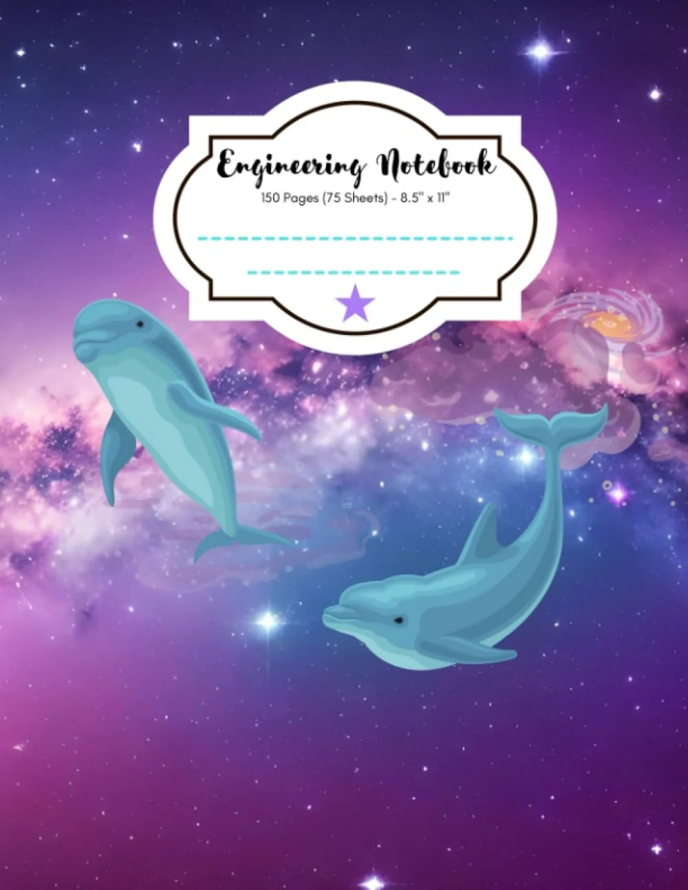 A galaxy-themed engineering notebook cover with illustrations of two cartoon whales and a star. The notebook has a white label with black text that reads "Engineering Notebook, 150 Pages (75 Sheets) - 8.5" x 11"."