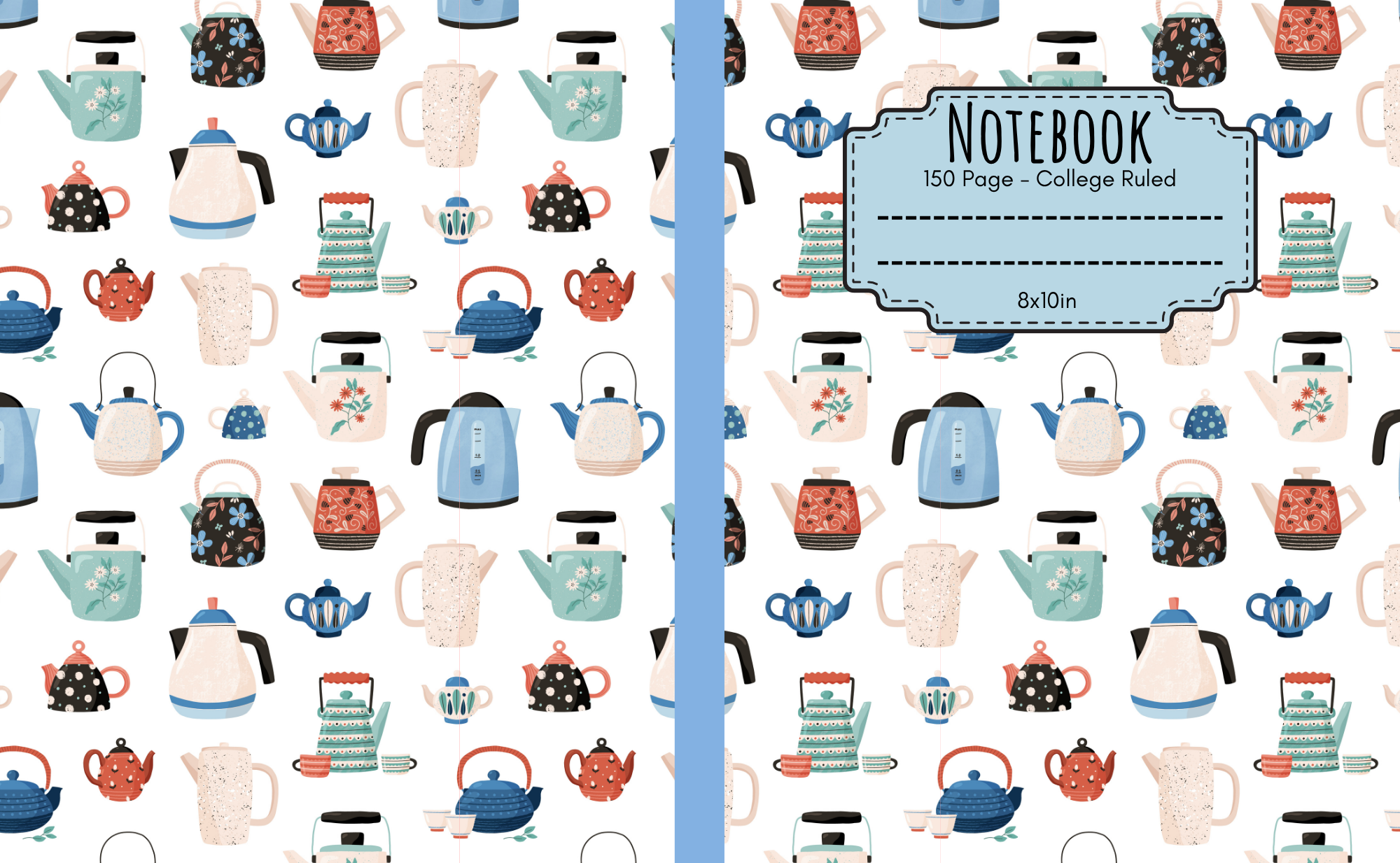 Cover of a notebook with a pattern of various colorful teapots on its pages and a label that reads "NOTEBOOK 150 Page - College Ruled 8x10in".
