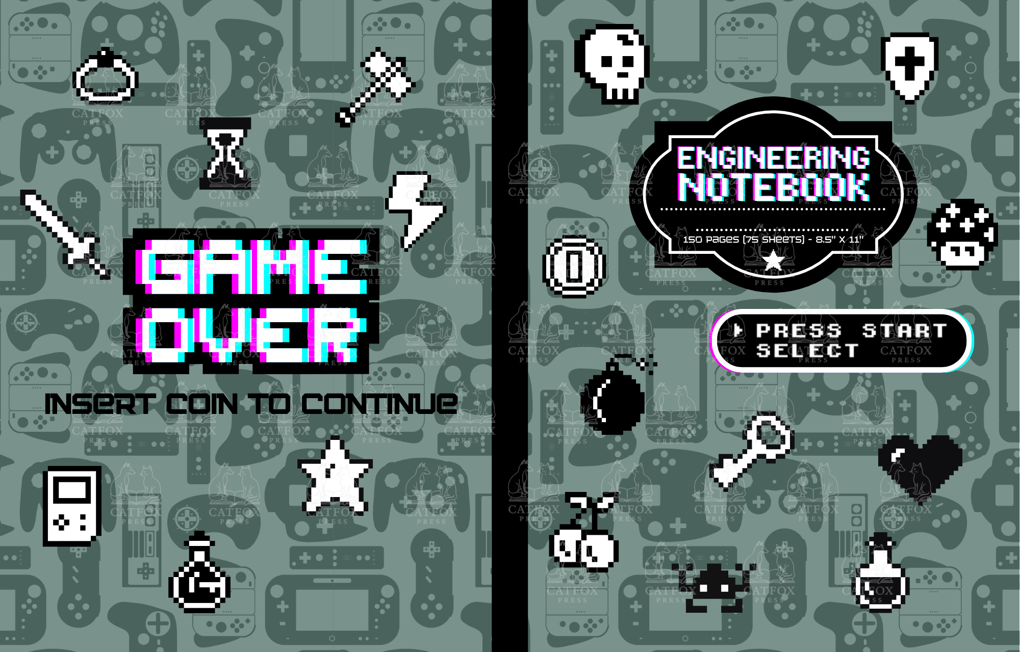 Pixelated video game style image with the title 'Game Over' in large, colorful text, and instructions to press start to continue. The background has various gaming icons like controllers, coins, swords, and bombs.