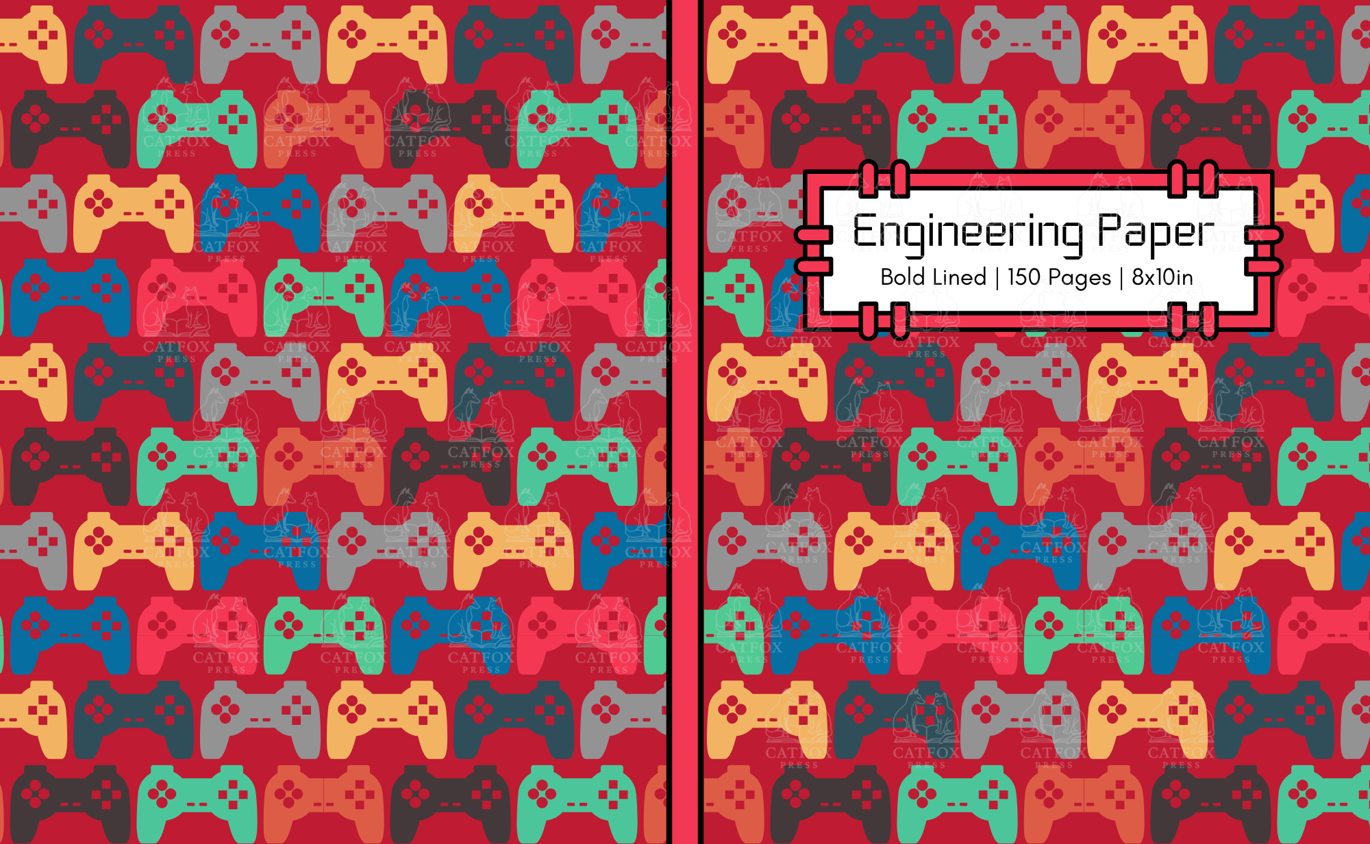 Collage of colorful video game controllers on a red background. The controllers are in yellow, green, blue, gray, black, and red, arranged in a repeating pattern. A white label with black text reads 'Engineering Paper, Bold Lined, 150 Pages, 8x10in'.